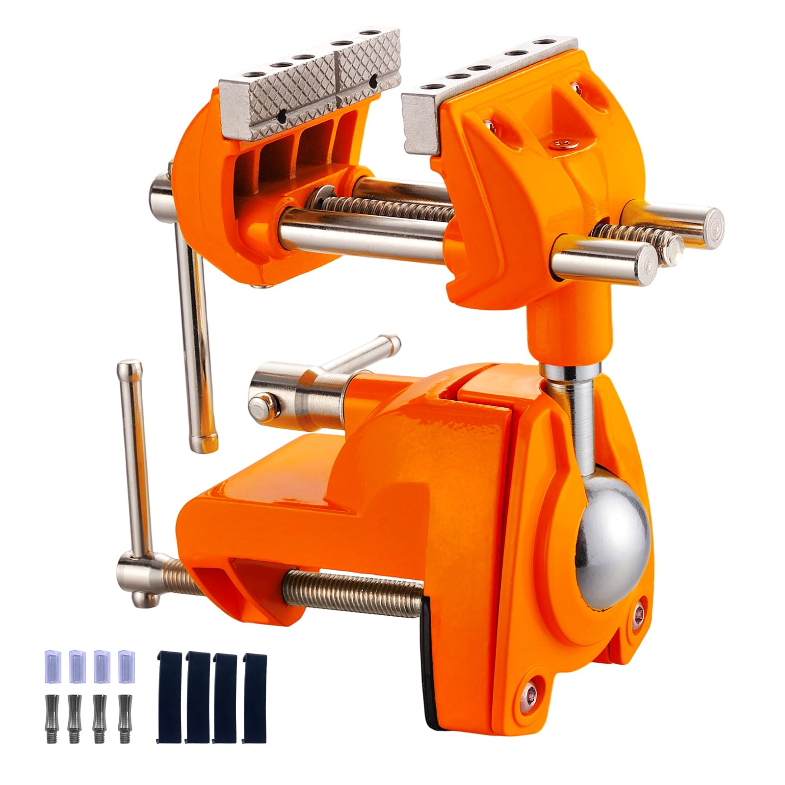 bench vise, 360° swiveling articulating vise, clamp-on vise for workbench, cast steel table clamp vise, pipe vise, bench vice for woodworking, diy, drilling, sawing, metal working, orange