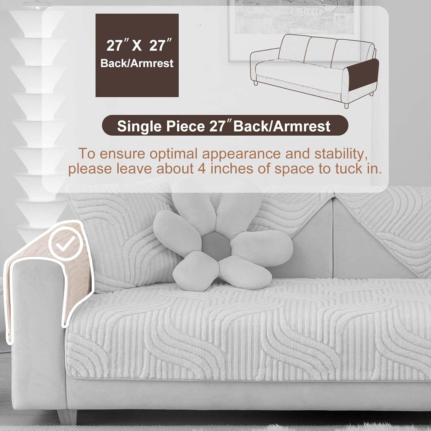 Solid Soft Couch Cover Washable, Non Slip Plush Sectional Sofa Covers for 3 Cushion Couch Sofa L Sharped Sofa Slipcover, Furniture Protector for Pets (1 PCS 36"x70" White)