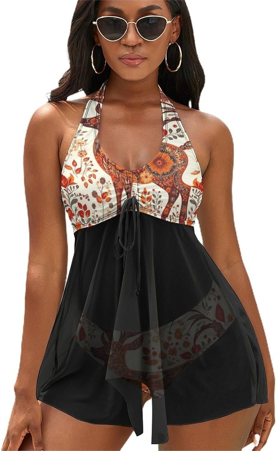 Red and Orange Deer Tankini Swimsuits for Women Two Piece Bathing Suits 2024 Summer Beach Swimwear Swim Tank Top