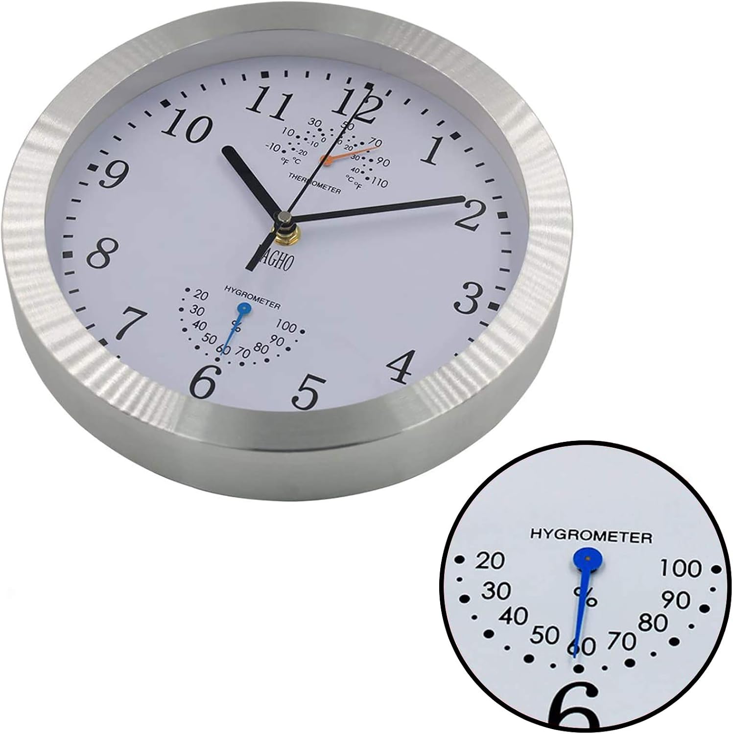 MAGHO Modern Silent 10 Inch Wall Clock with Thermometer and Hygrometer Display, Non Ticking Sweep Movement Battery Operated Decorative Clock for Kitchen Living Room Bedroom Bathroom Office