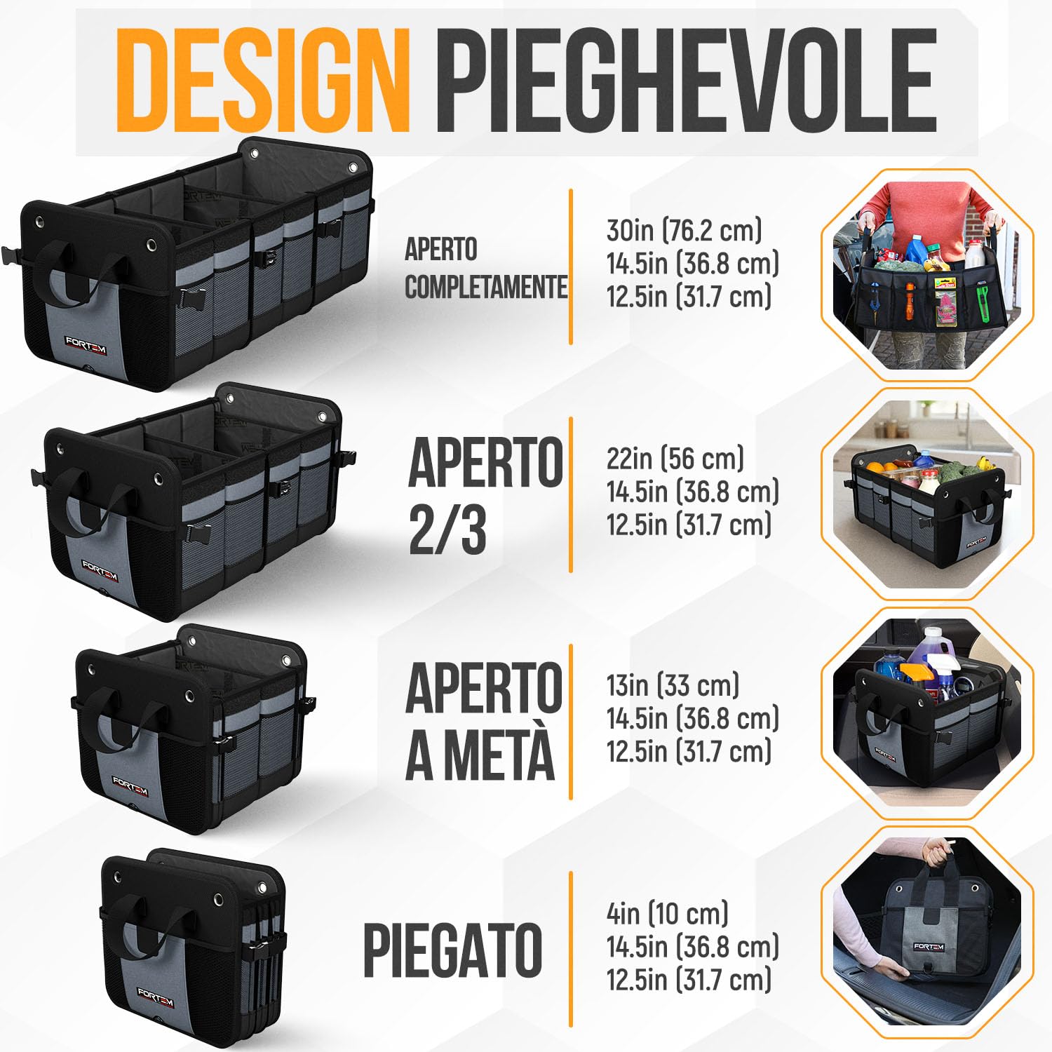 FORTEM Organizzatore Baule SUV, Contenitore Pieghevole Multi Scomparti, Accessori Auto Uomo Donna, Tessuto Oxford 1680D, Fondo Antiscivolo, Cinghie Regolabili, Coperchio Morbido (90L)