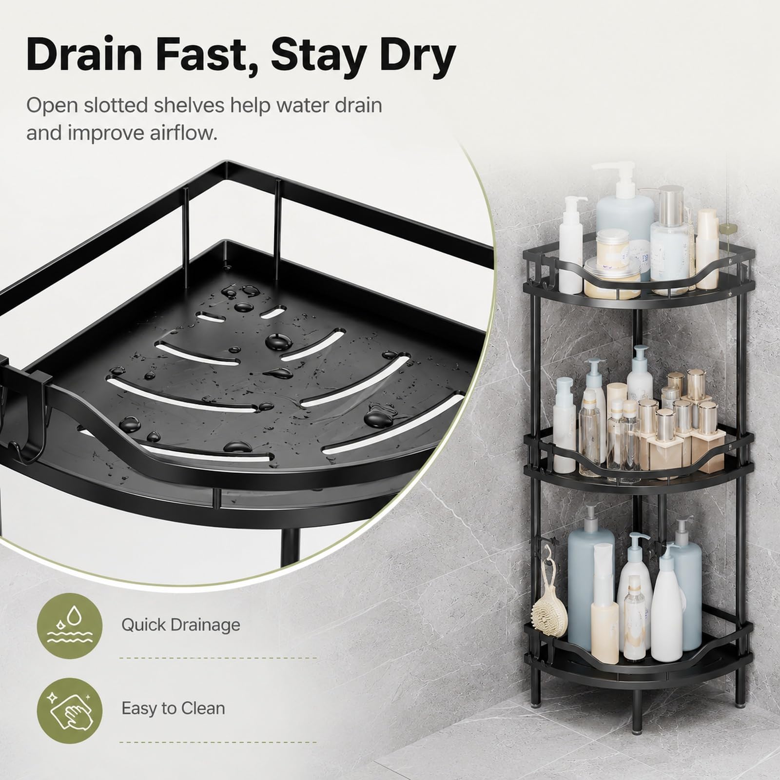 GOOGO Scaffale doccia senza foratura a 3 ripiani, mensola da bagno da terra per doccia e lavabo, organizer angolare freestanding in metallo con design drenante (nero)