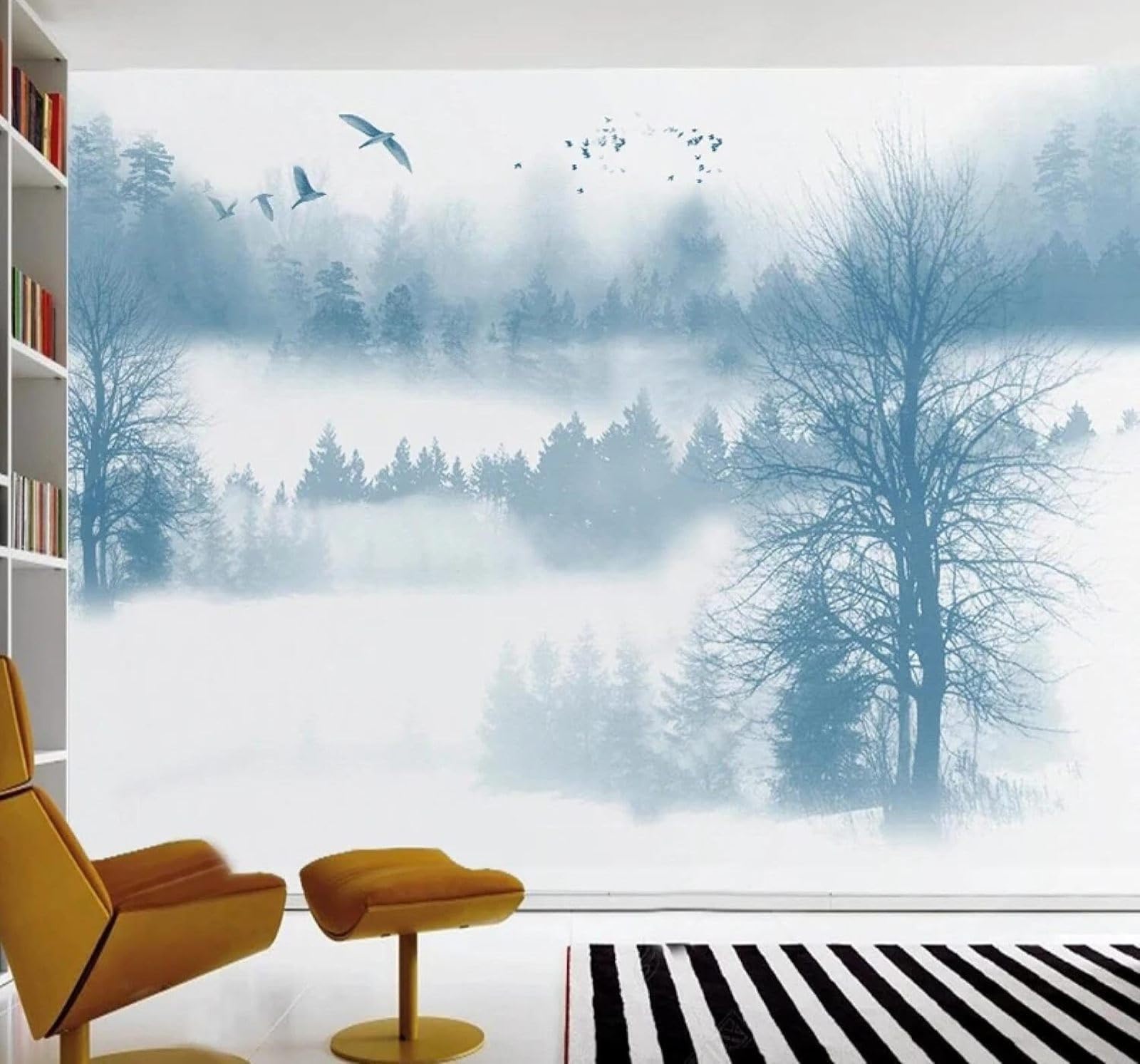 XLMING Cartoon Ink Wash Blue Forest Birds in Flight 3D Wallpaper Silky Texture Home Study Office Grey Dining Room Sofa Bedroom Living Room TV Backdrop-250cm×170cm