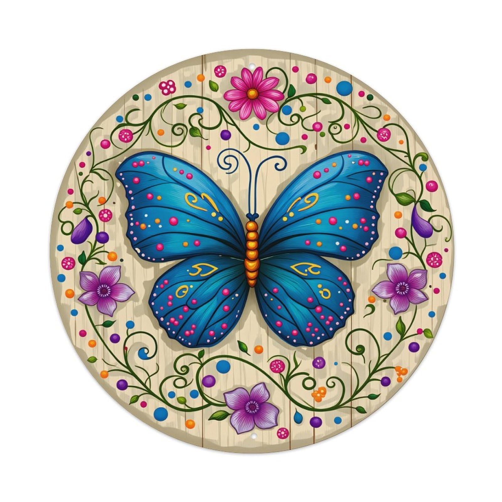 Butterfly Floral Wood Pattern Art Retro Metal Sign Round Tin Sign, Vintage Decor Art Poster for Bar, Home, Man Cave, Kitchen, Laundry Room Gift 8x8Inch