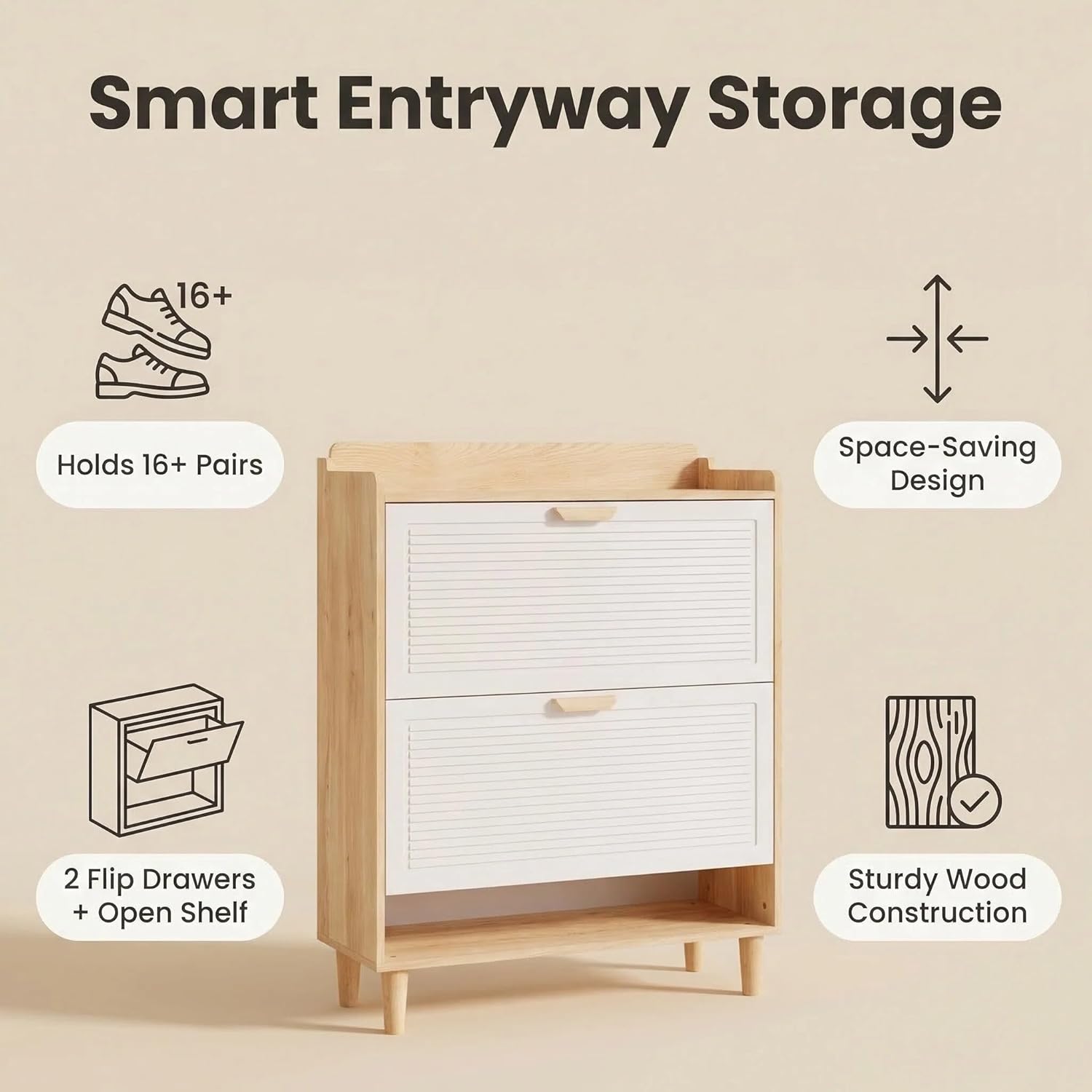 31.5 Inch Nordic Shoe Storage Cabinet with 2 Flip Drawers, Freestanding Hidden Shoe Organizer with Solid Wood Legs, Narrow Slim Shoe Rack for Entryway Hallway Front Door