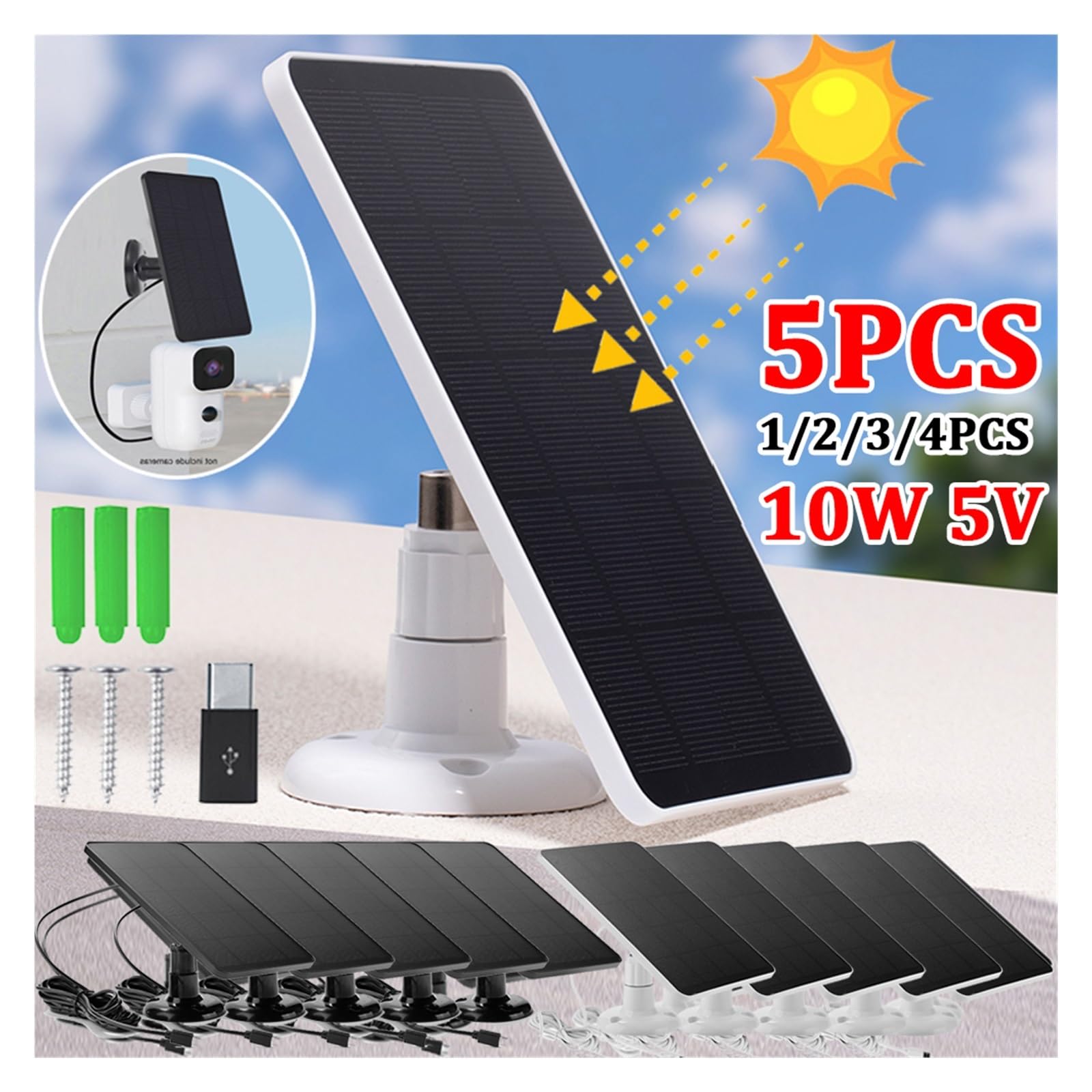 1 szt. 10W 5V ładowarka do ogniw słonecznych USB + type-c 2w1 ładowanie przenośne panele słoneczne kamery bezpieczeństwa System oświetlenia domowego Idealny Wynik(White 5pcs)