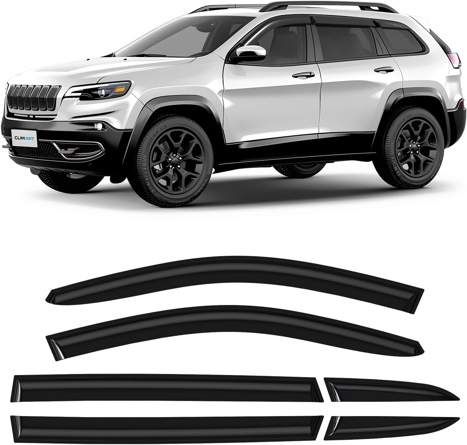 CLIM ART Incredibly Durable Rain Guards for Jeep Cherokee 2014-2023, Original Tape-on Window Deflectors, Vent Deflector, Window Visors, Car Accessories, 6 pcs. - 514461