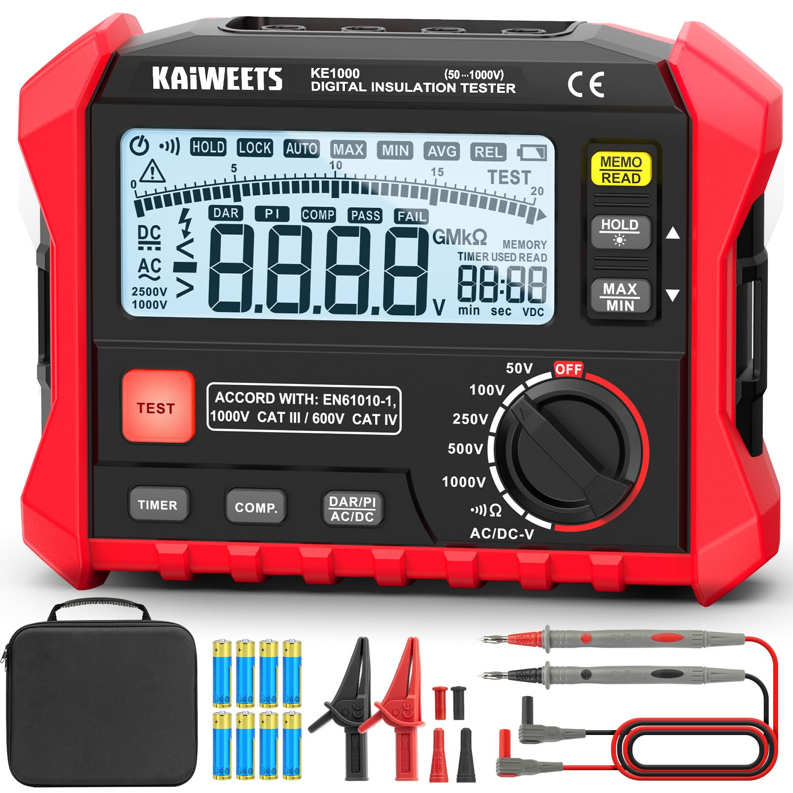 KAIWEETS Isolationsmessgerät, Isolationswiderstandsmessgerät, bis zu 100 GΩ, 50 V/100 V/250 V/500 V/1000 V, One-Touch-DAR/PI, mit AC/DC-Spannungsprüfung für Motoren, Solar, HLK