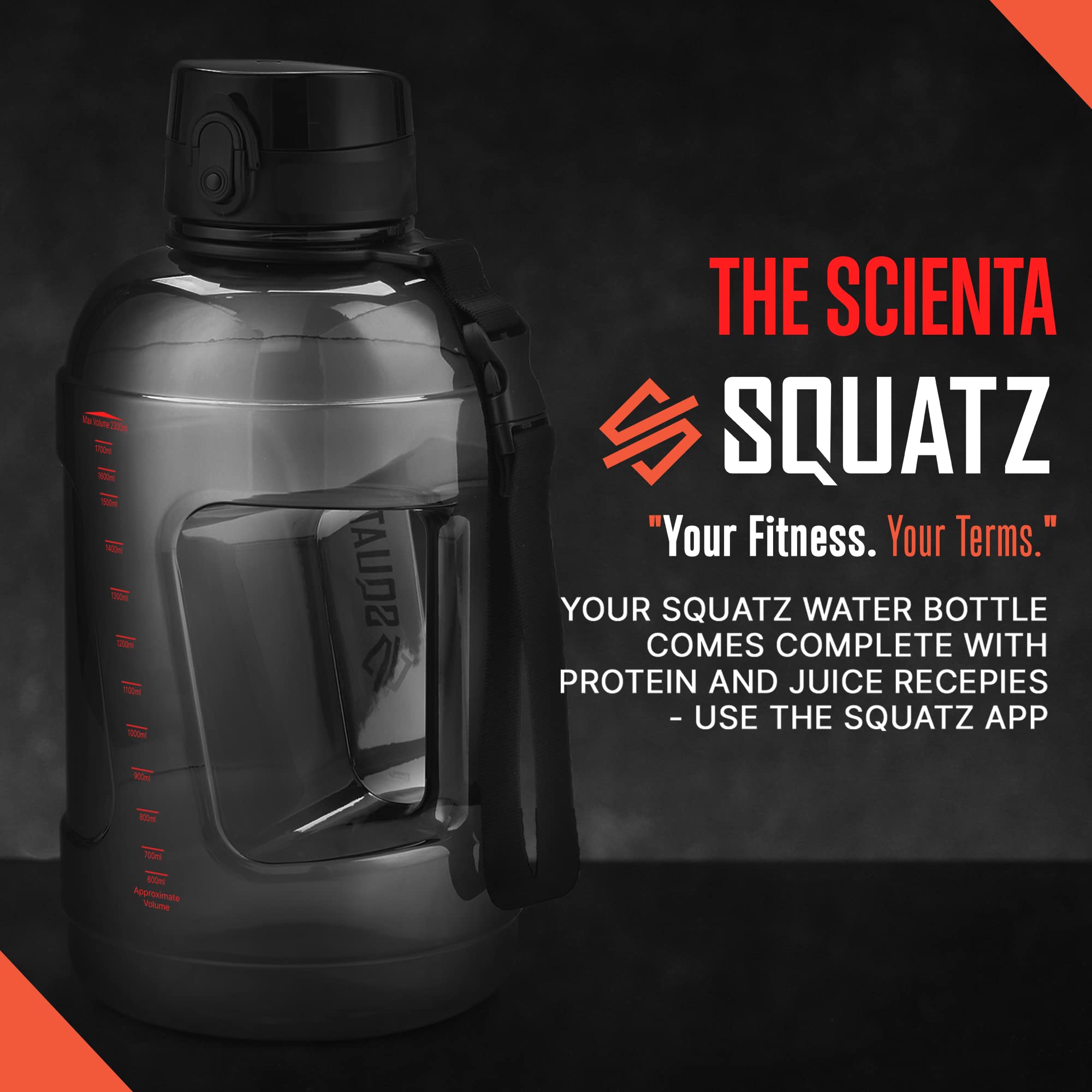 SQUATZ Poseidon Wasserflasche, 2,2 l, Schwarz, Sport, großes Volumen, breite Öffnung, rutschfester Griff, sturzsichere Kappe, feste Schnalle, Tragegurt, auslaufsicher und ohne Kondensation