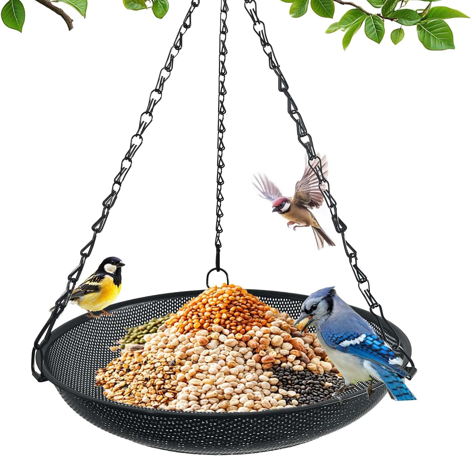 Platform Hanging Bird Feeder for Outdoors – Metal Mesh Seed Tray to Attract Wild Birds, Rectangle 12 x 8 in, Green