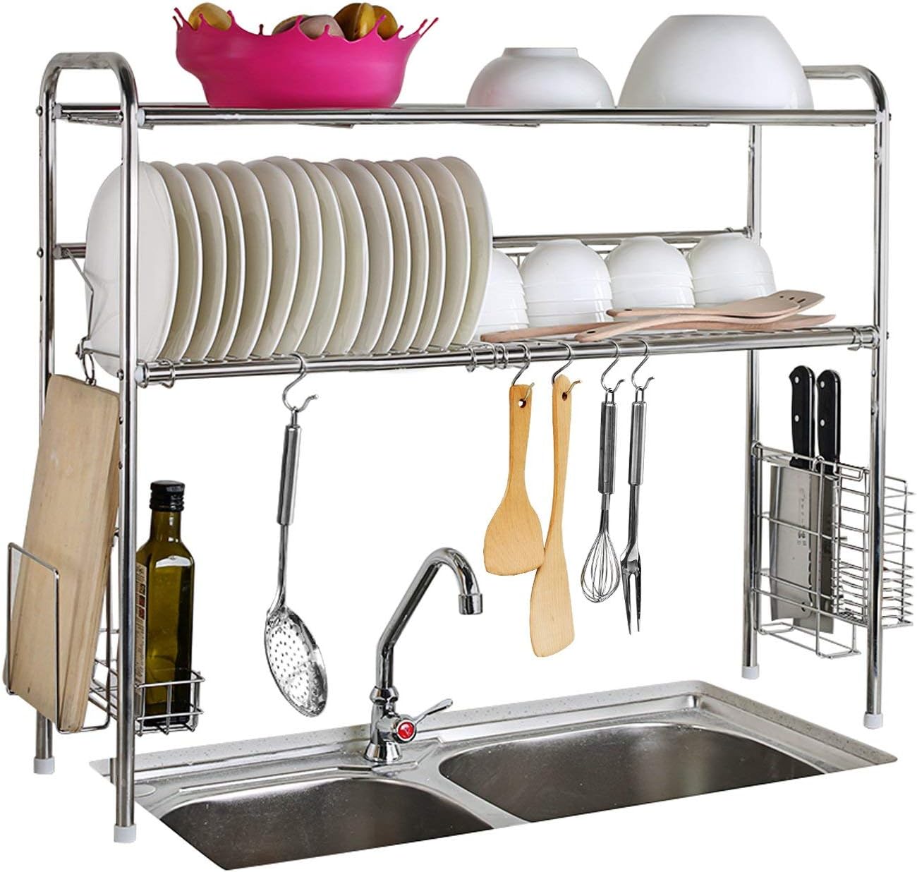 304 Stainless Steel Over Sink Drying Rack Dish Drainer Rack&Kitchen Organizer (Double Groove-Double-Layer)