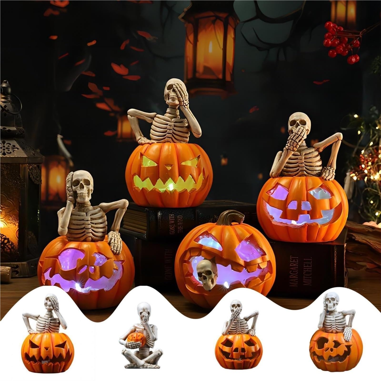 Halloween Pumpkin Skeleton Decoration with LED Lights, Skeleton Pumpkin Decoration, Halloween Decoration Gift(4PCS)