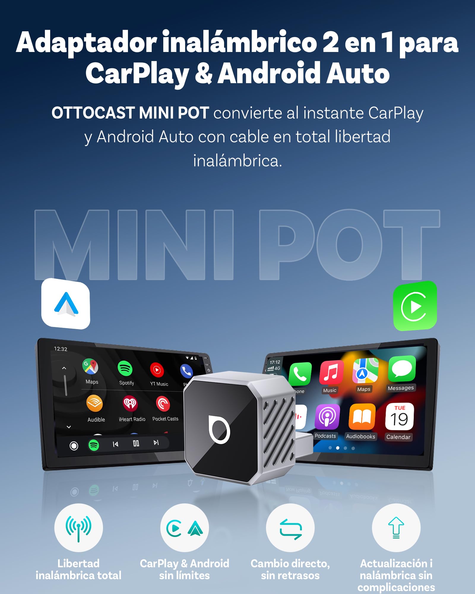 OTTOCAST 2026 Upgrade Mini Cube, 2en1 Adaptador Inalámbrico CarPlay & Android Auto, Plug & Play, 2.4G+5G, Reconexión Automática, Compatible con Coches Desde 2016 con CarPlay/Android Auto por Cable