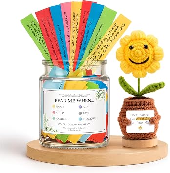 Read Me When Bible Verses Jar Gifts for Daily Encouragement Bible Verse Jar Set with Knitted Sunflower, Inspirational Gifts for Birthday & Christmas