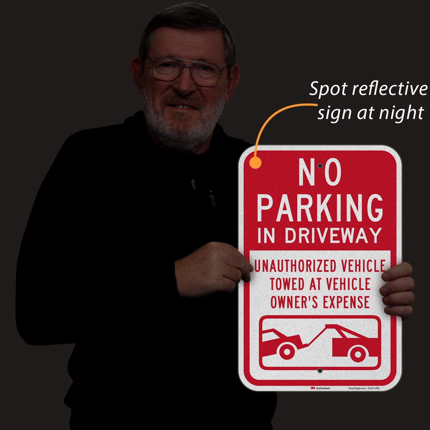 SmartSign 3M Engineer Grade Reflective Sign, Legend "No Parking In Driveway Vehicles Towed" with Graphic, 18" high x 12" wide, Red on White
