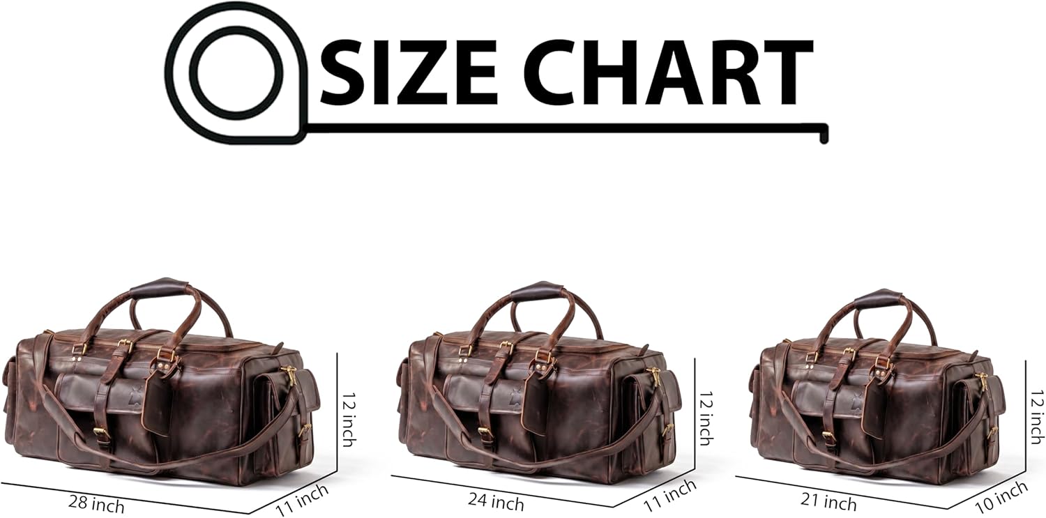 Leather Duffle Bags for Men - 24 Inch Full Grain Leather travel bag, leather overnight bag, Mens Leather Bag, Carry On Leather Weekender Bag, Airplane Leather Luggage Duffel Gym Bag