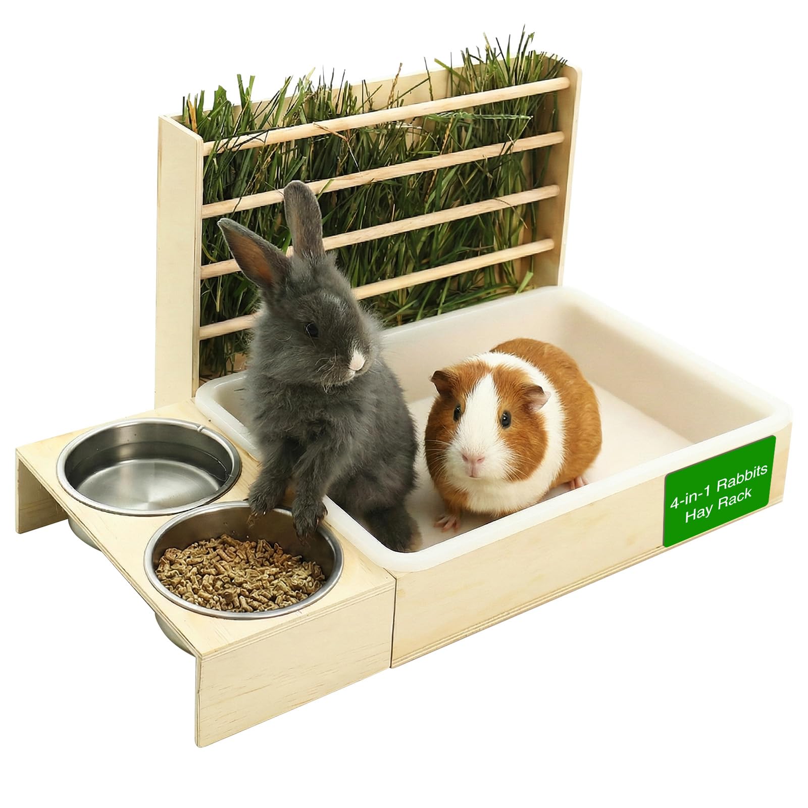 Kaninchen Heu Feeder mit 2 Näpfen, 4 in 1 Heuraufe Holz Futterspender, Hasentoilette, für Kaninchen, Meerschweinchen, Chinchillas, Hasen und andere Kleintiere 54 x 36.5 x 28cm