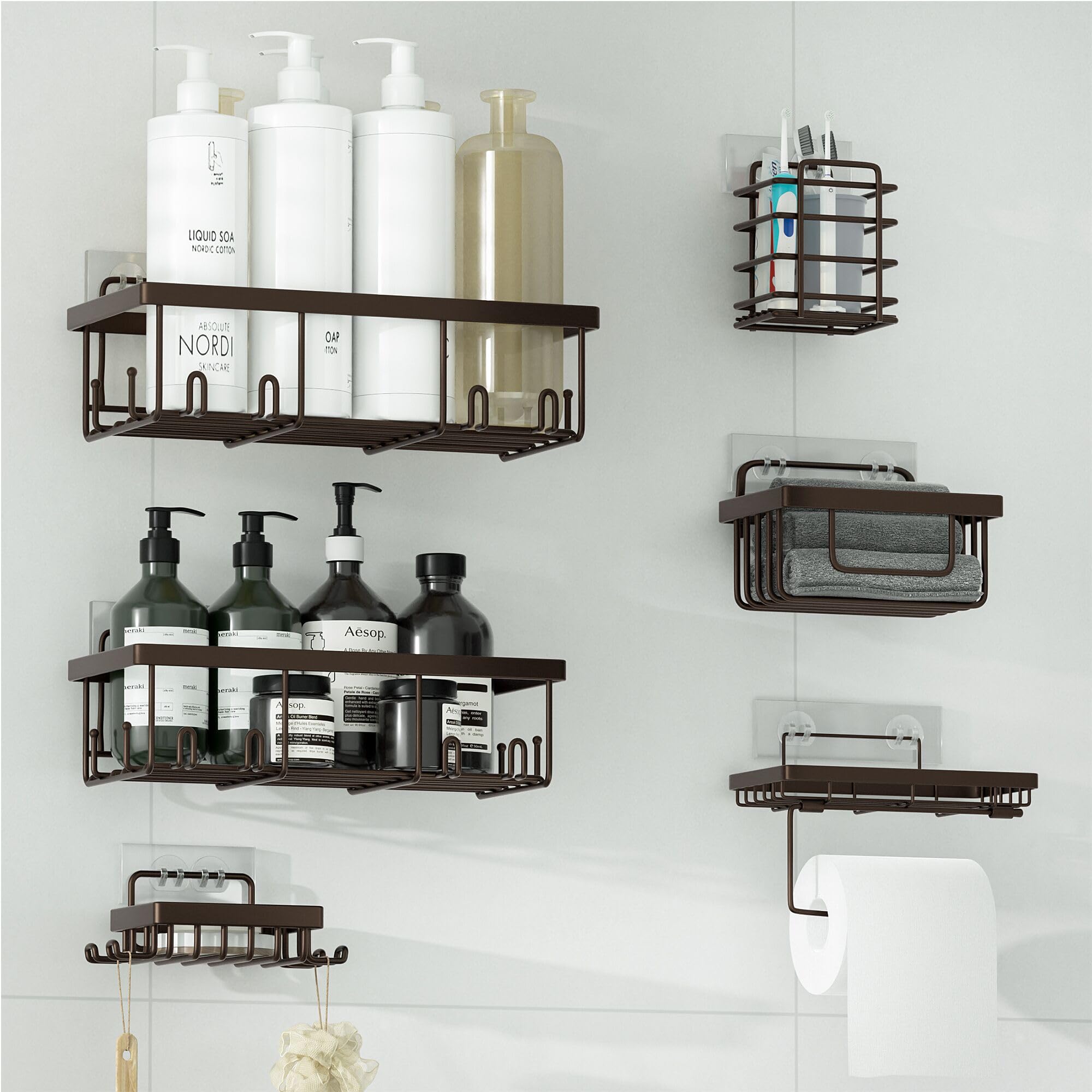 Veluckin Shower Caddy 6 Pack,Toilet Paper Holder,Soap Holder,Toothbrush Holder,No Drilling,13 in Large Capacity,Adhesive Shower Organizer for Bathroom Storage&Kitchen(Dark Brown)