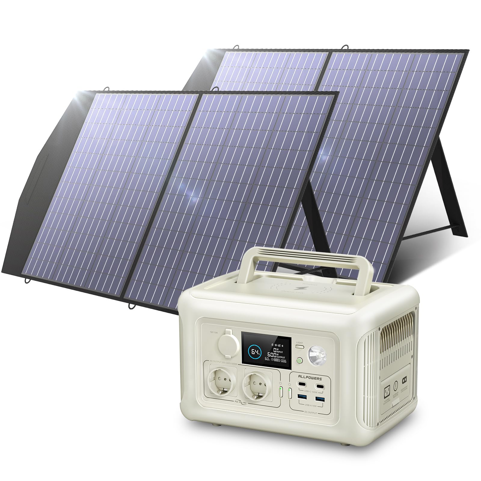 ALLPOWERS R600 générateur solaire avec 2 panneaux solaire pliables de 100W, 299Wh batterie LiFeP04, Chargement rapide sans fil 15W, fonction UPS, Entrée maximale de 400W, camping, fête, voyage