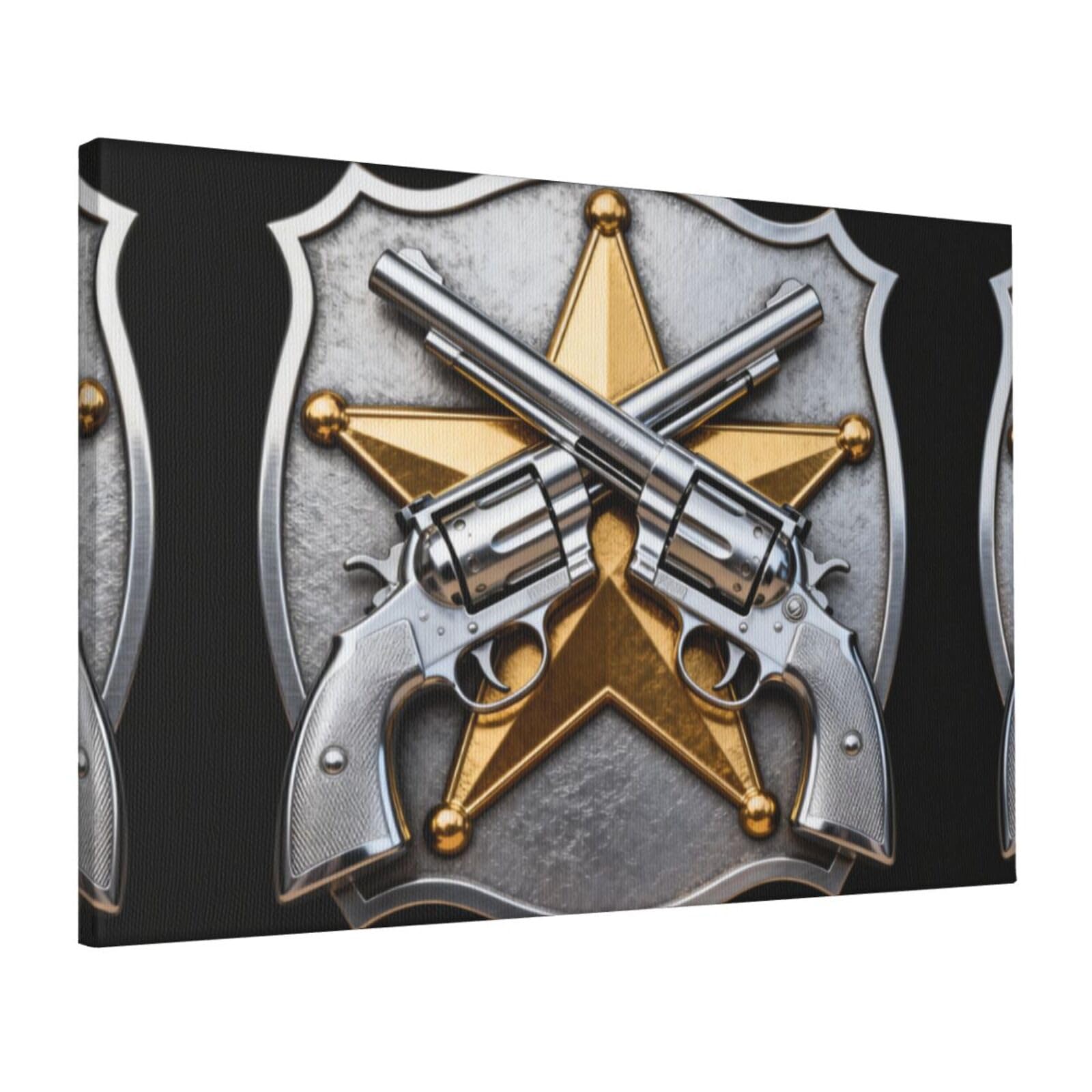 CNTDBU Revolver Sheriff Badge Canvas Wall Art 16x24 Inch-Large Modern Painting Print for Living Room, Framed Ready to Hang Artwork for Bedroom