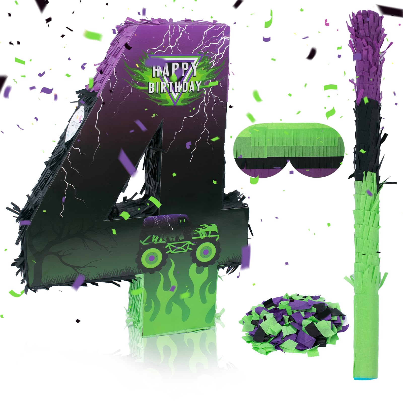 Piñata de camión – Paquete de piñata Monster Truck con venda para los ojos y murciélago para decoración de fiesta temática de piñata, piñata de coche genial para fiesta de cumpleaños, carnaval