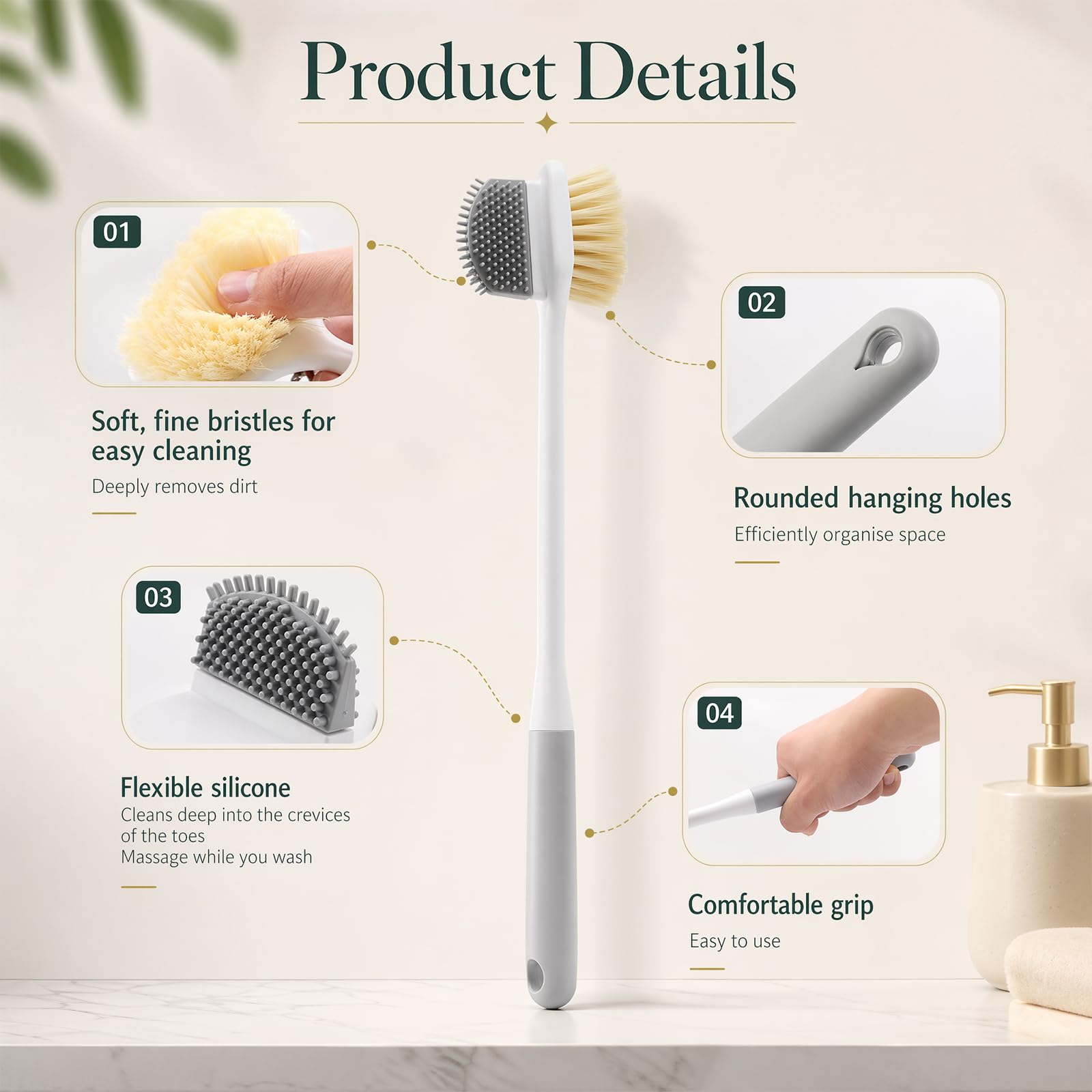 Brosse de Douche Long, Manche Brosse Dos pour Seniors Brosse Pied Douche Nettoyeur Orteils Soin des Pieds Brosse 2 en 1 Double Face Silicone et Poils Doux Ergonomique Antidérapante