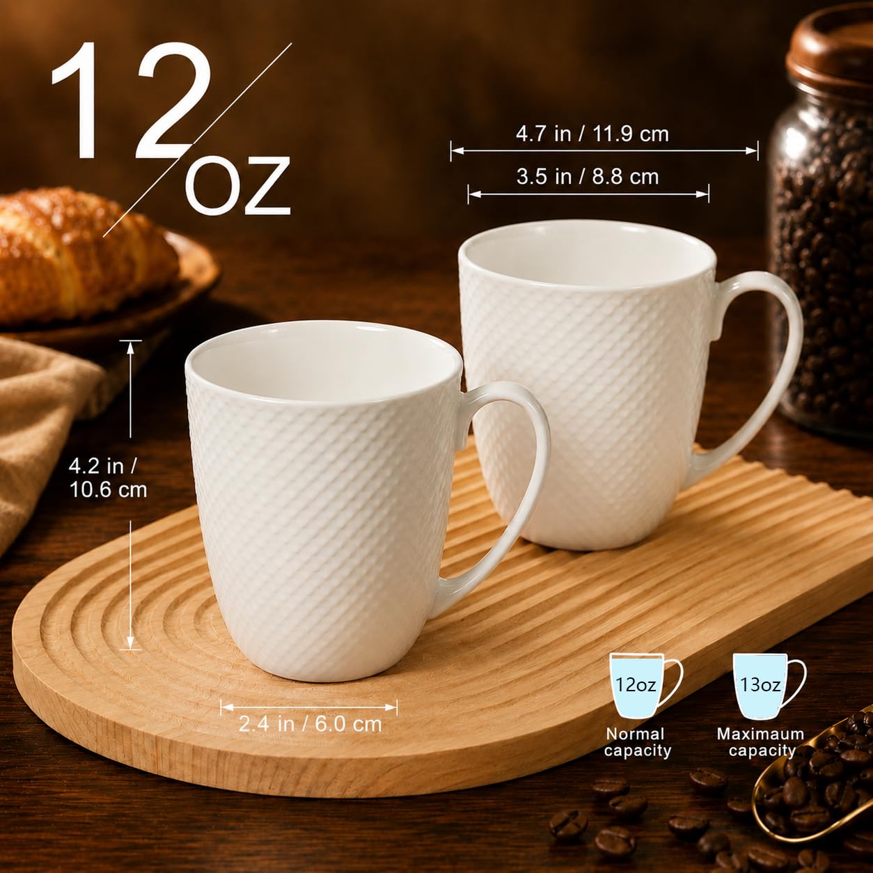 Juego de 4 tazas de café de 12 onzas, tazas de porcelana fina, tazas de café blancas de lujo, tazas de café de porcelana con textura de alivio de rombos, taza de té, para café, té, cacao
