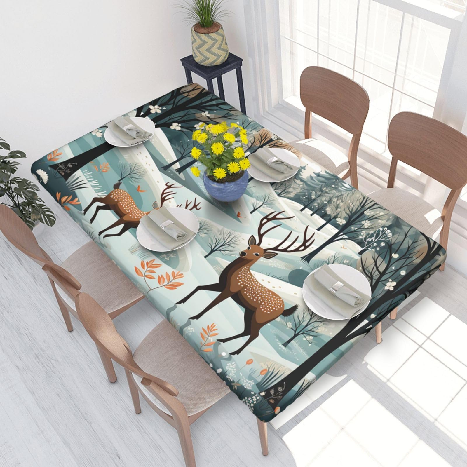 Merry Christmas Happy Waterproof Square Table Cover Elastic Fitted Tablecloth Oil Proof Table Protector For 4ft Table