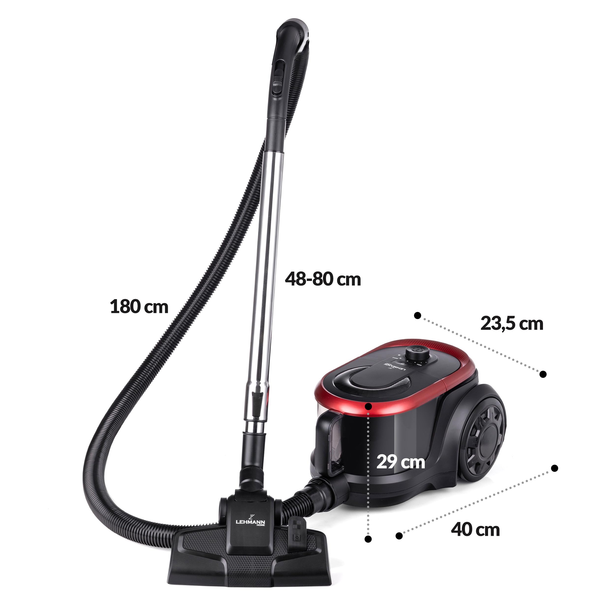 LEHMANN - Aspirador sin bolsa, tecnología ciclónica potente, doble filtro HEPA para alérgicos, capacidad 2,5 L, compacto, aspirador trineo para alfombras y suelos, juego de accesorios, negro/rojo