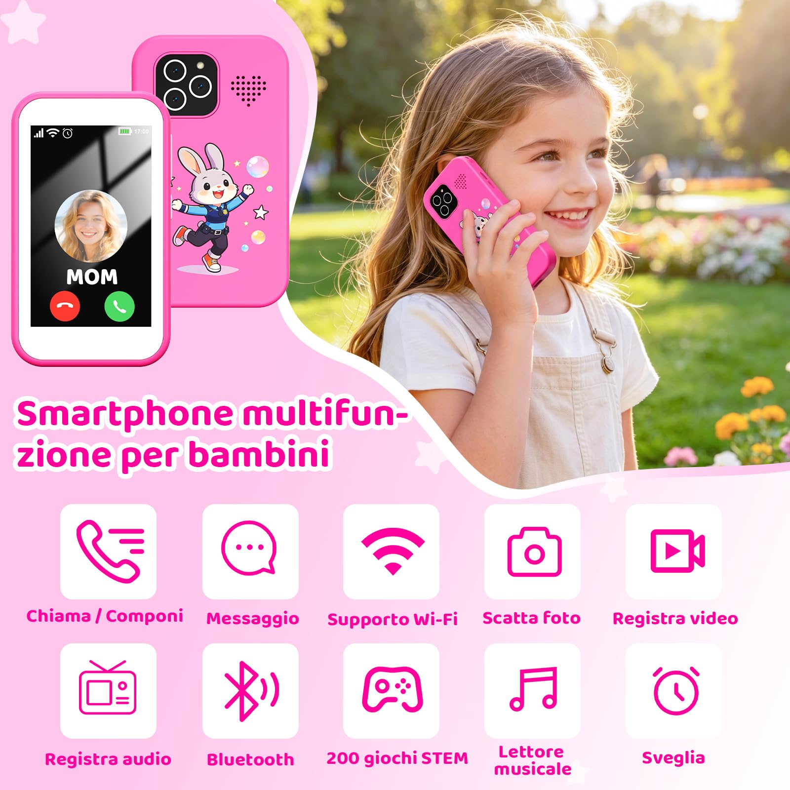 CHAKEYAKE Telefono per Bambini, Mini Smartphone Bambini Senza Contratto, Display HD da 3,5", Fotocamera, Giochi Educativi, Batteria 1000 mAh, USB-C, Regalo di Natale e Compleanno per Bambini 3-12