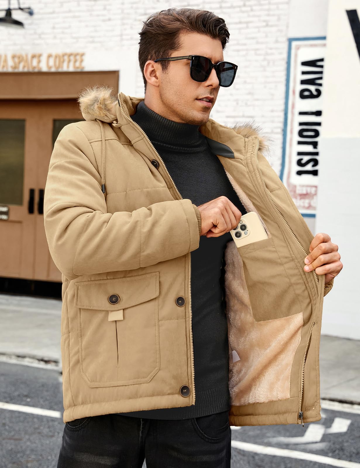 Nadeer Manteau Homme Hiver Polaire Chaud Veste Parka Coupe-Vent de Mode Décontractée Manteau à Capuche Manches Longues Blouson Zippé Outercoat avec Poches