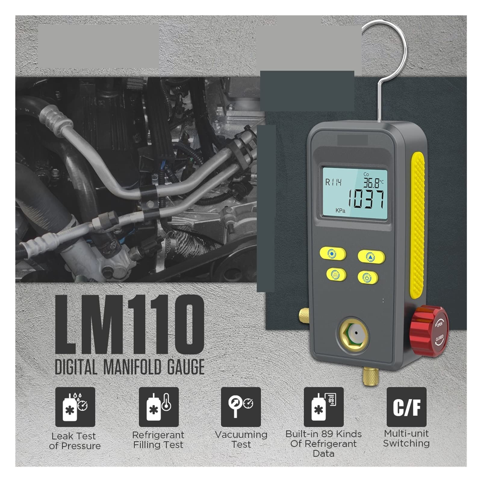 Lm110 Refrigeración Digital Manifold Presión al vacío Calibrador de Temperatura Relleno refrigerante Prueba Fugas HVAC,Alta precisión