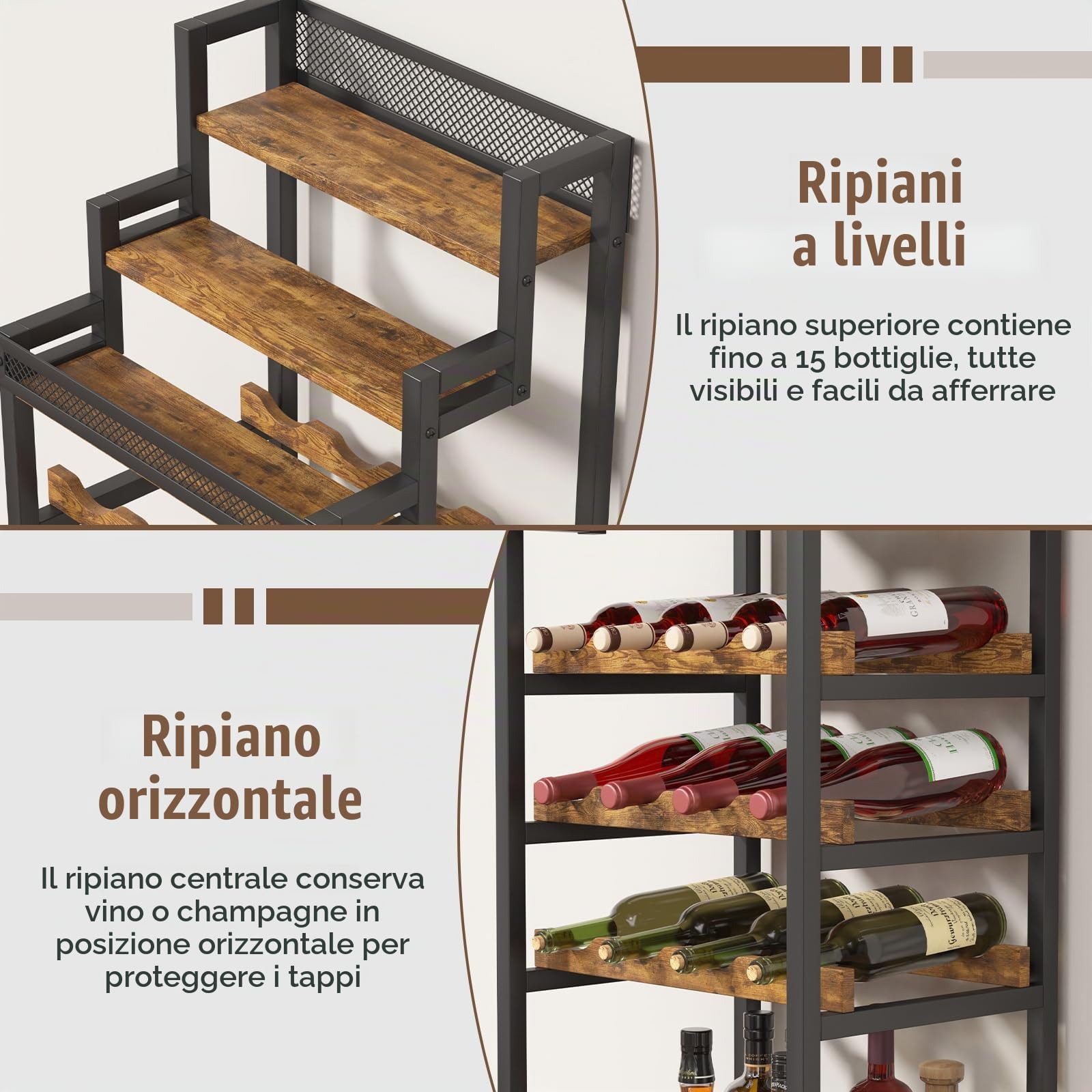 Portabottiglie da Terra a 5 Livelli, Grande Capacità Portabottiglie Autoportante in Metallo Versatile Cantinetta da Terra Indipendente Per Bar, Soggiorno, Angolo Relax, Sala da Pranzo 42x29.2x103.2CM