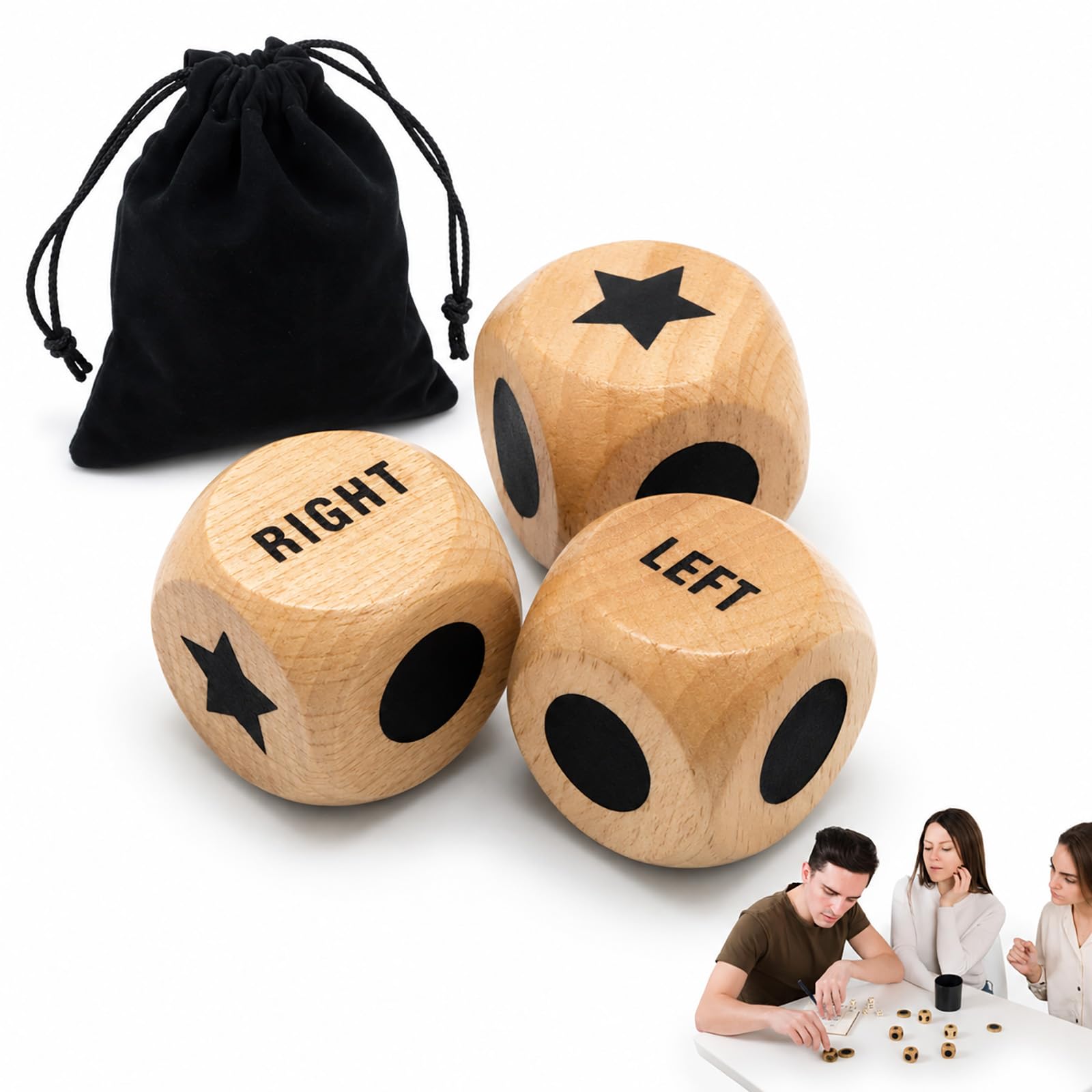 Left Right Centre Dice Game, 3 Pcs 16mm 6-Sided Wooden Dice with Instructions, Standard Size Dice Set for Adult Parties Family Gatherings Social Events