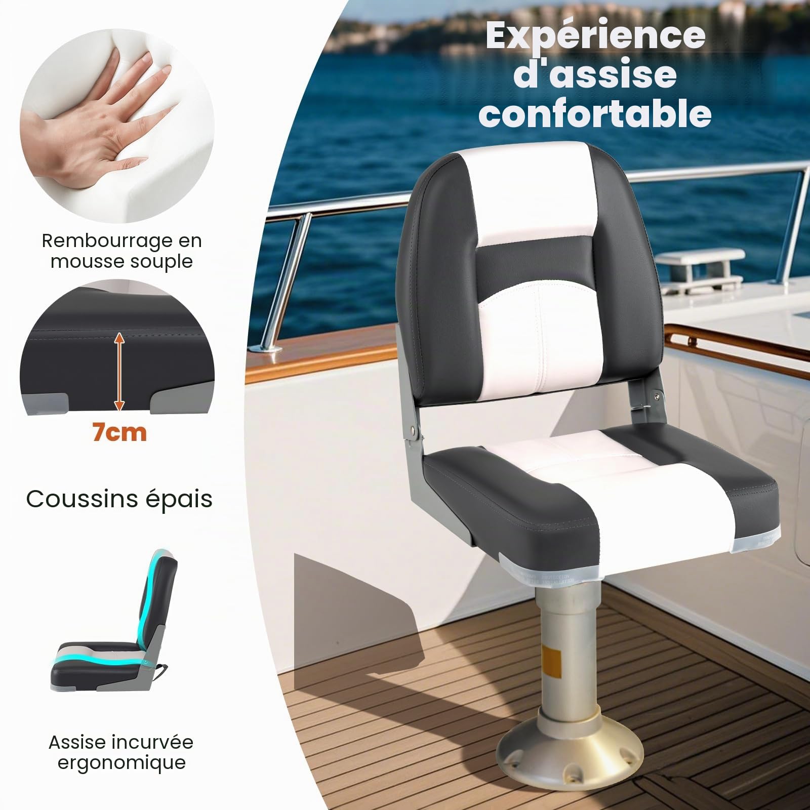 HOMASIS Lot de 2 sièges pliants pour bateaux, chaises rembourrées pour bateaux avec assise épaisse 7 cm, fauteuil de conduite étanche avec dossier, portée de 150 kg, 42 x 49 x 51 cm, gris