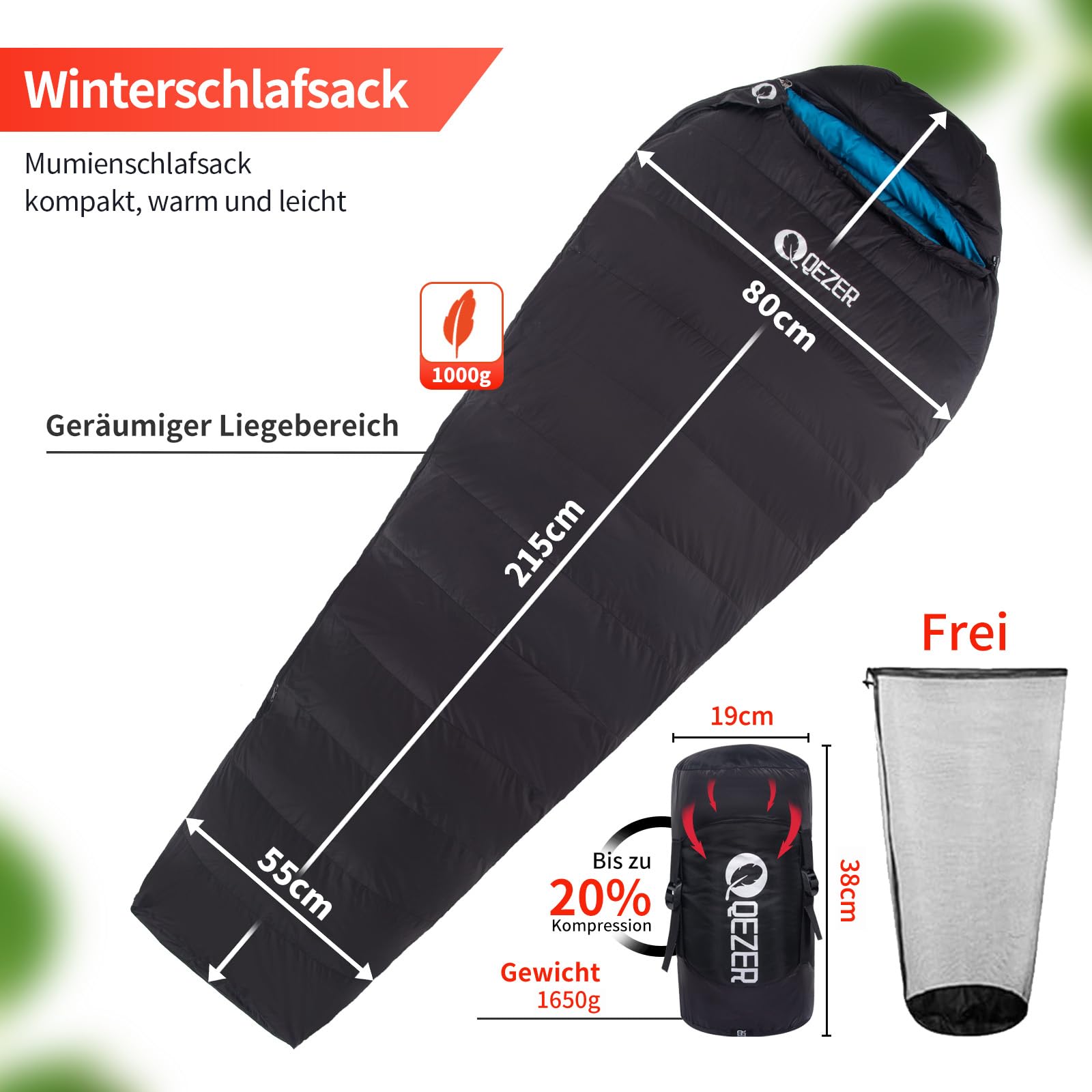 Daunenschlafsack,Warmer Leichter Winter Schlafsack 0°C bis -23°C für Erwachsener und Kind 4 Jahreszeiten Camping Outdoor und Indoor