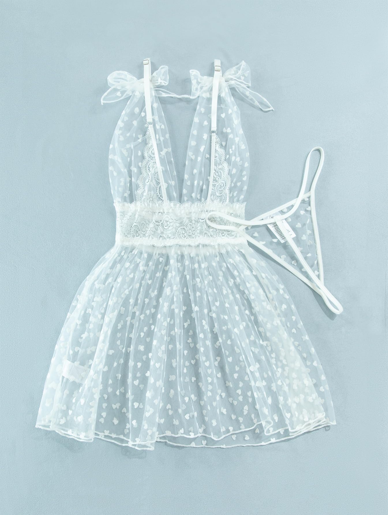 Lilosy Sexy Polka Dots Mesh Sheer Lace Babydoll Chemise Lingerie Set Floral Sleep Wear: Small Heart White