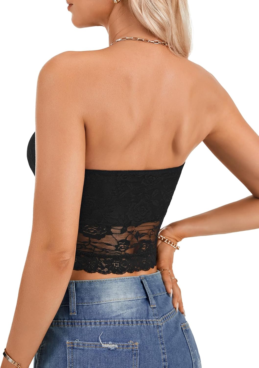 Vrtige Women's Summer Y2k Lace Sheer Tube Top Strapless Scallop Hem Crop Bandeau Tops - Image 5