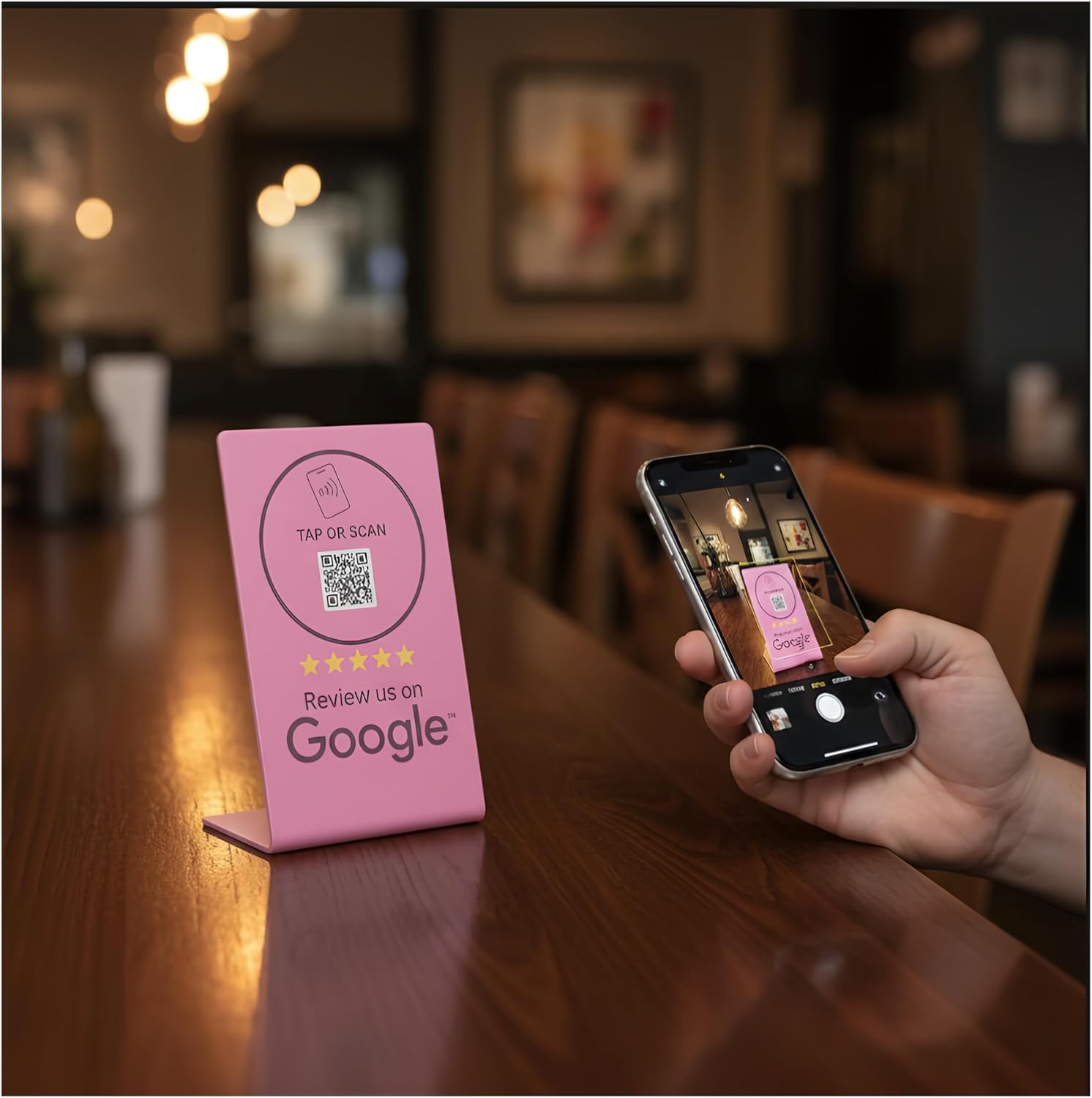 TAPro Google Review Stand - Smart NFC & QR Code Review Pink Sign for Small Businesses - Contactless Business Feedback Display - Professional Tabletop Plaque Compatible with iPhone and Android Devices