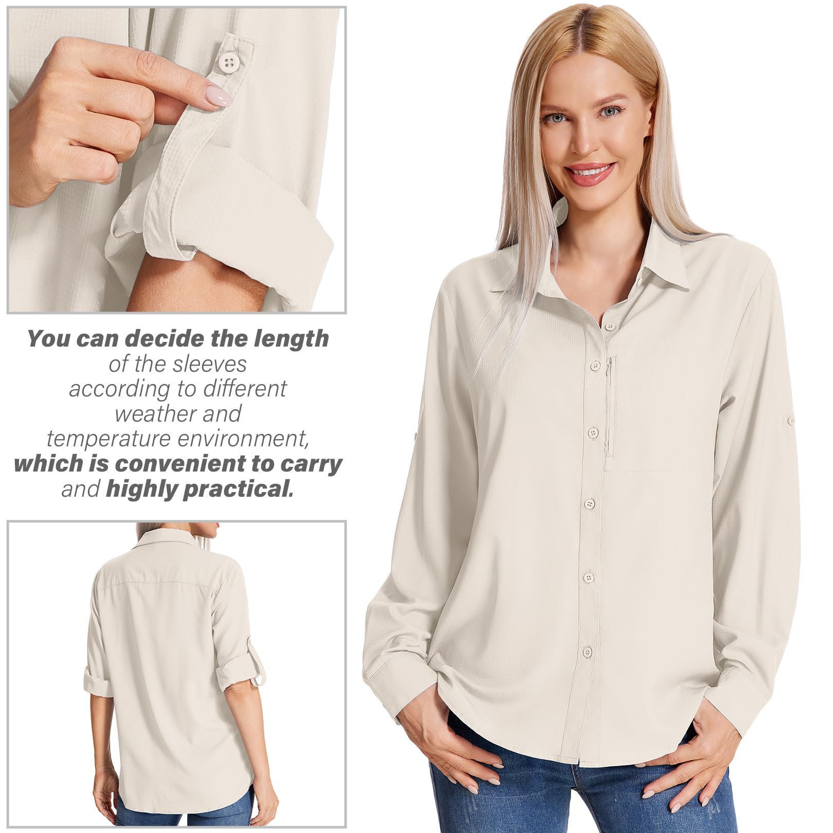 Camisas de senderismo con protección solar para mujer, de manga larga, ligeras, de secado rápido, ropa de safari para viajes, pesca, camisa cargo