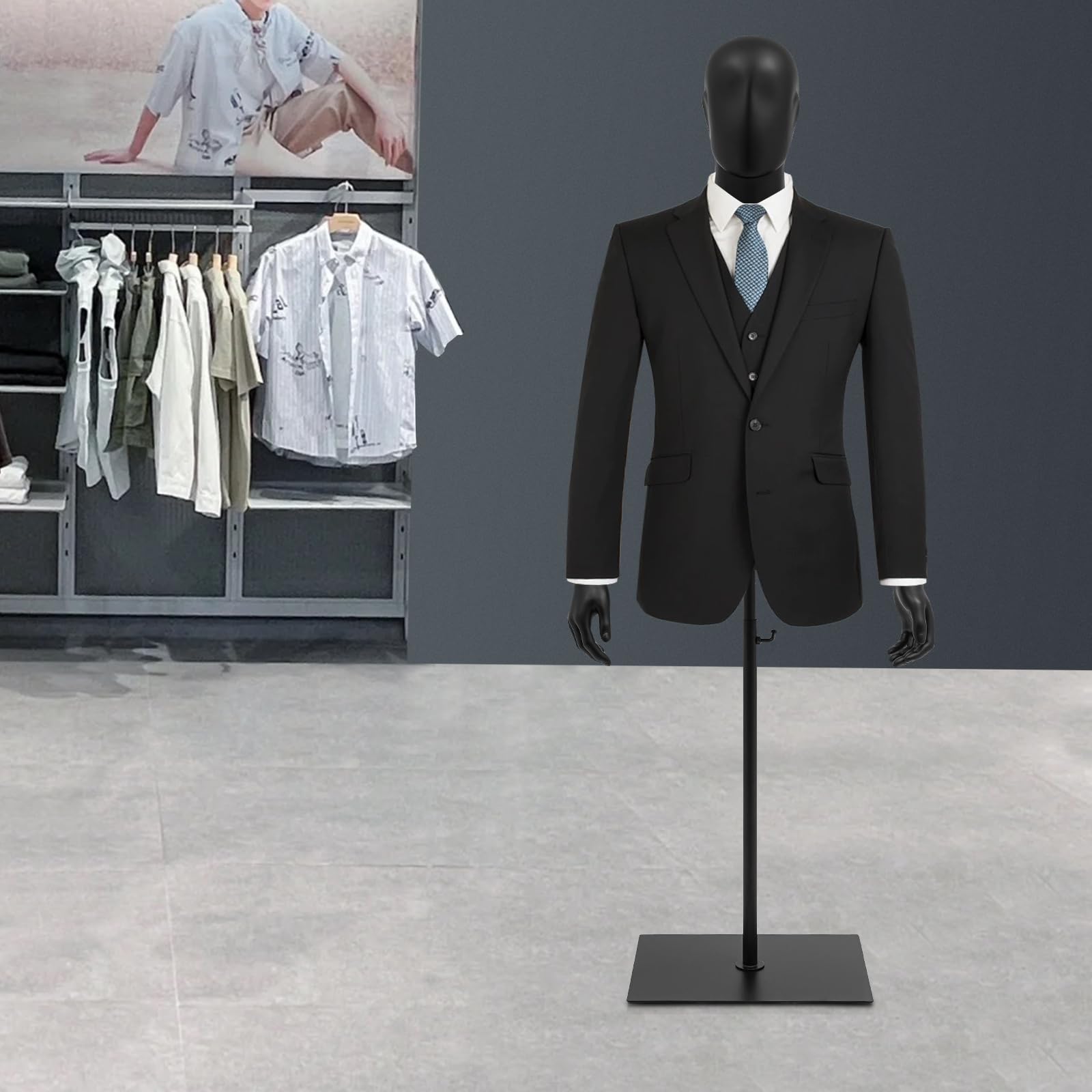 pijopang Male Dress Form Display w/ Detachable Arms Base, Torso Manikin Dress Form 4.27-6.56ft Height Arms Sewing Dress Model Mannequin Display with Head Dress Mannequin Clothing Form (Black)