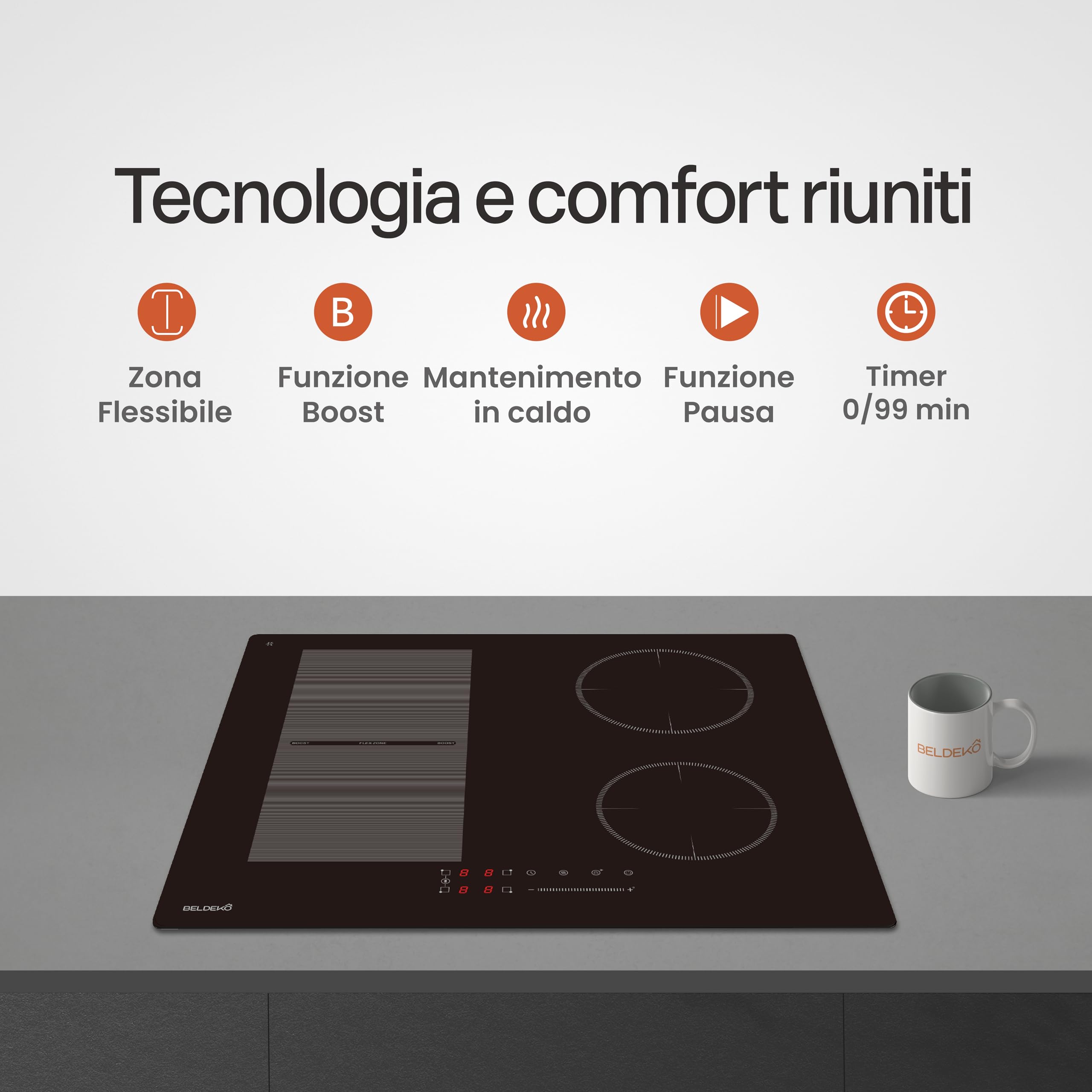 Piano cottura a induzione a 4 zone con zona flex - 7200 W - Slider touch - booster, pausa e mantenimento al caldo