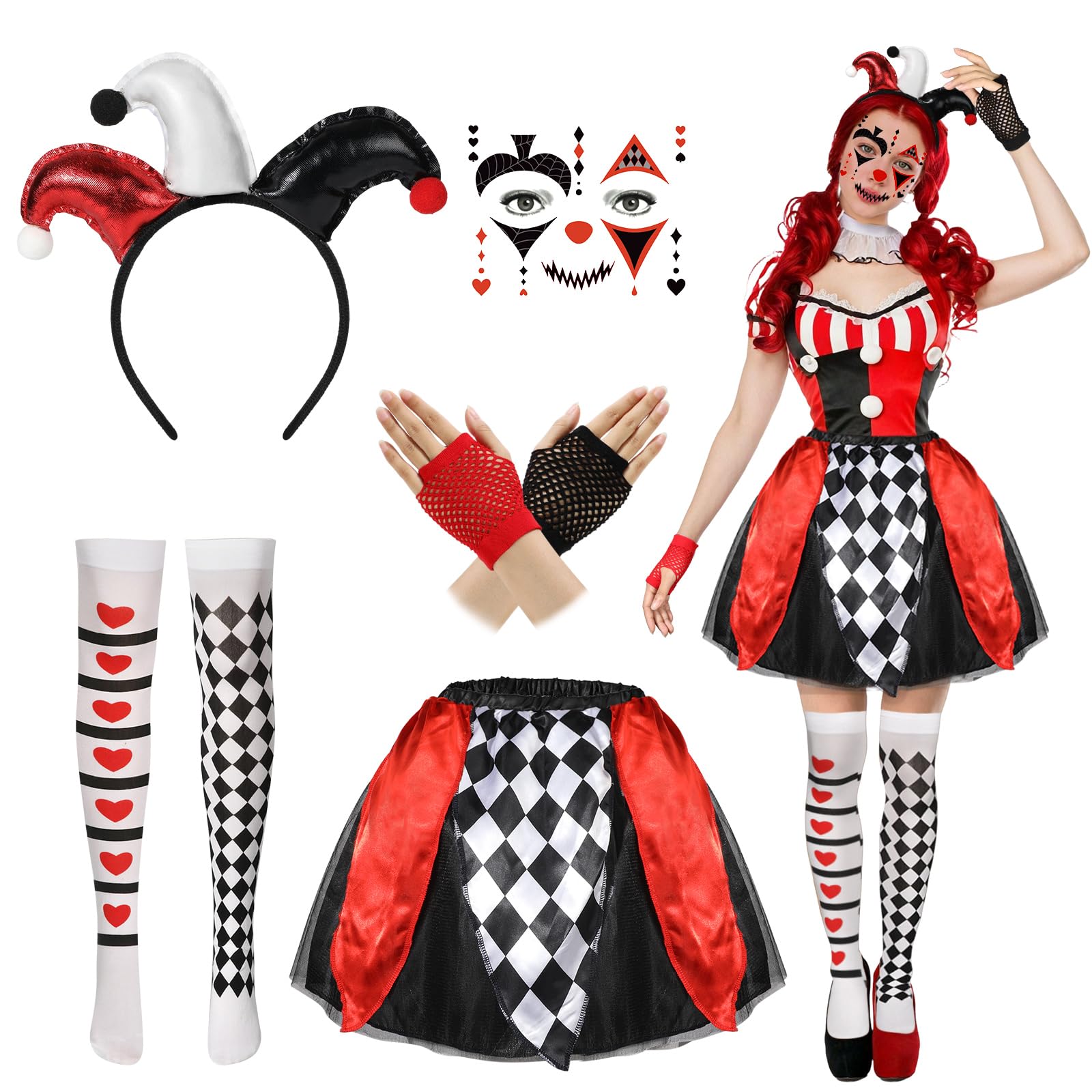 5 PCS Halloween Clown Costume Women, Clown Headband Face Tattoos Fish Net Gloves Harlequin Knee High Socks Tutu Skirt