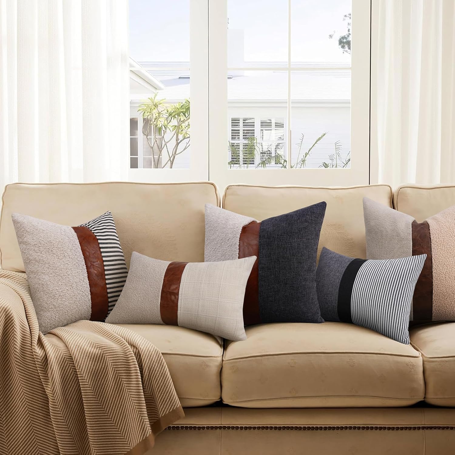 Adabana Modern Decorative Beige Pillow Covers 18x18 Set of 2 Faux Leather Patchwork Pillow Cases for Bed Couch Safa Living Room Bedroom,Beige and Brown