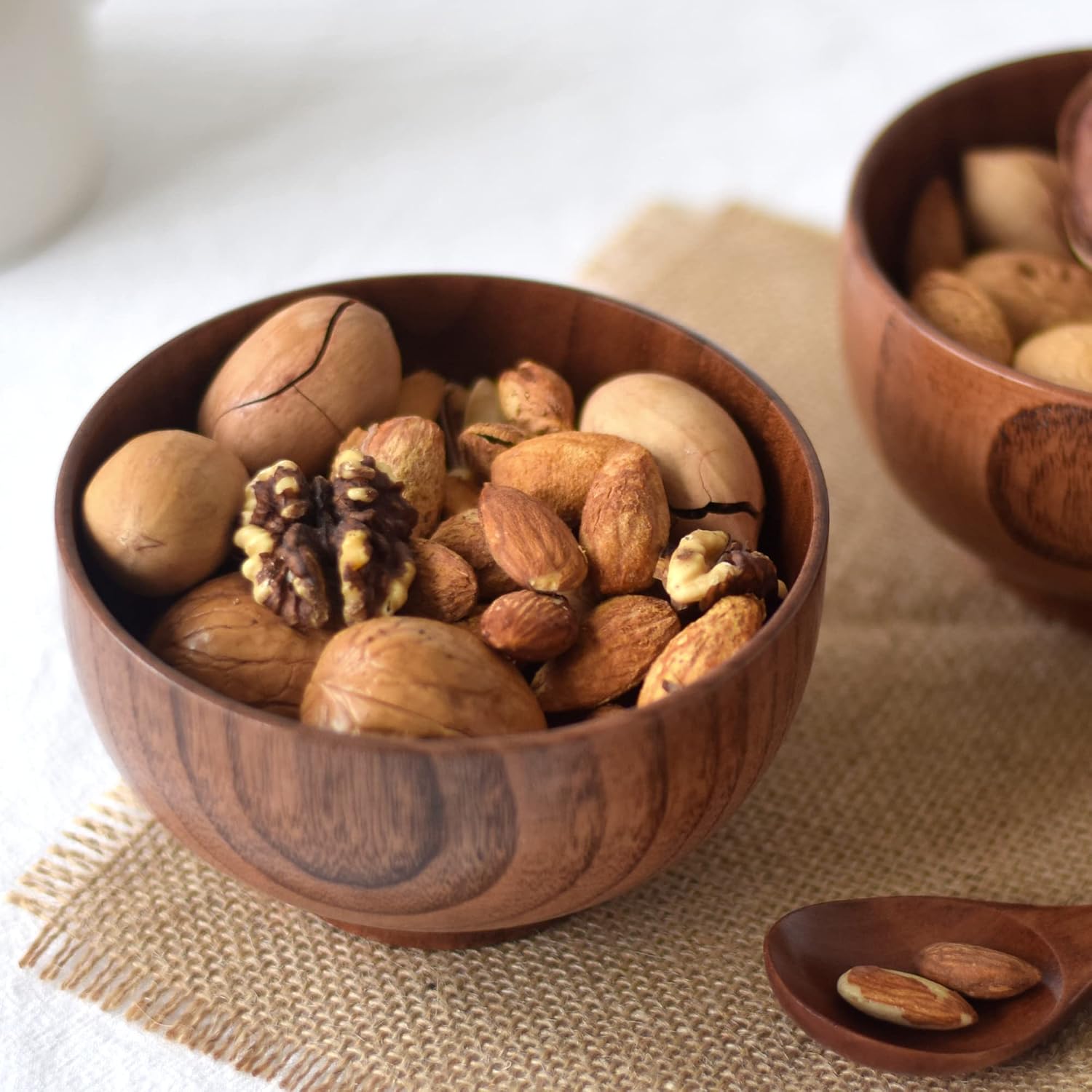 Small Wooden Bowls and Spoons, 11oz. Portion Control Bowls for Snack, Dessert, Japanese Serving Bowls for Rice, Soup, Solid Wood Bowls for Decor (4 Bowls - 4.5IN)