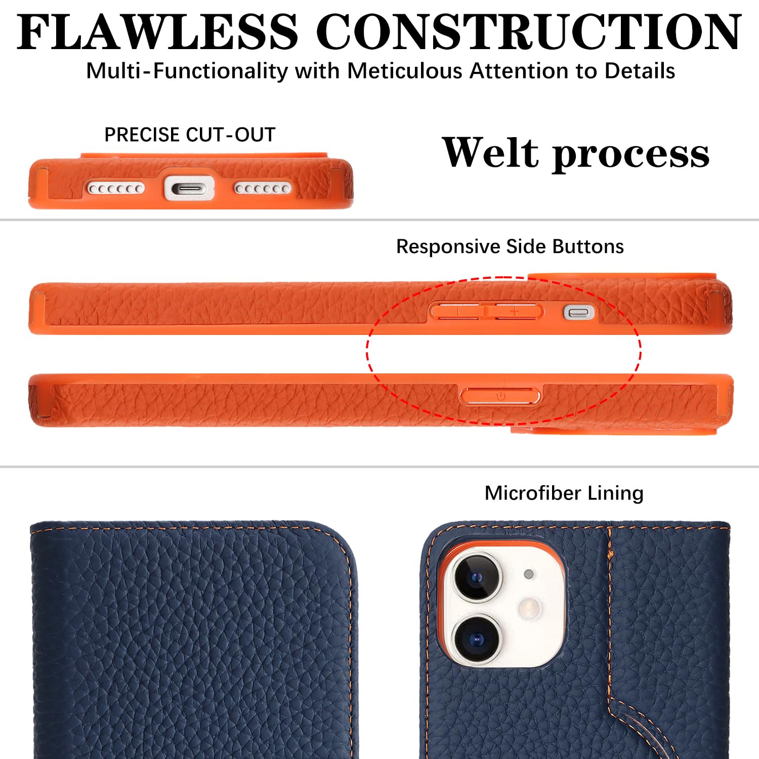 SailorTech Custodia per iPhone 11 in vera pelle con scomparti per carte, Telefono Custodia portafoglio 2 in 1 staccabile, Custodia a libro per iPhone 11 - Blu e Arancione