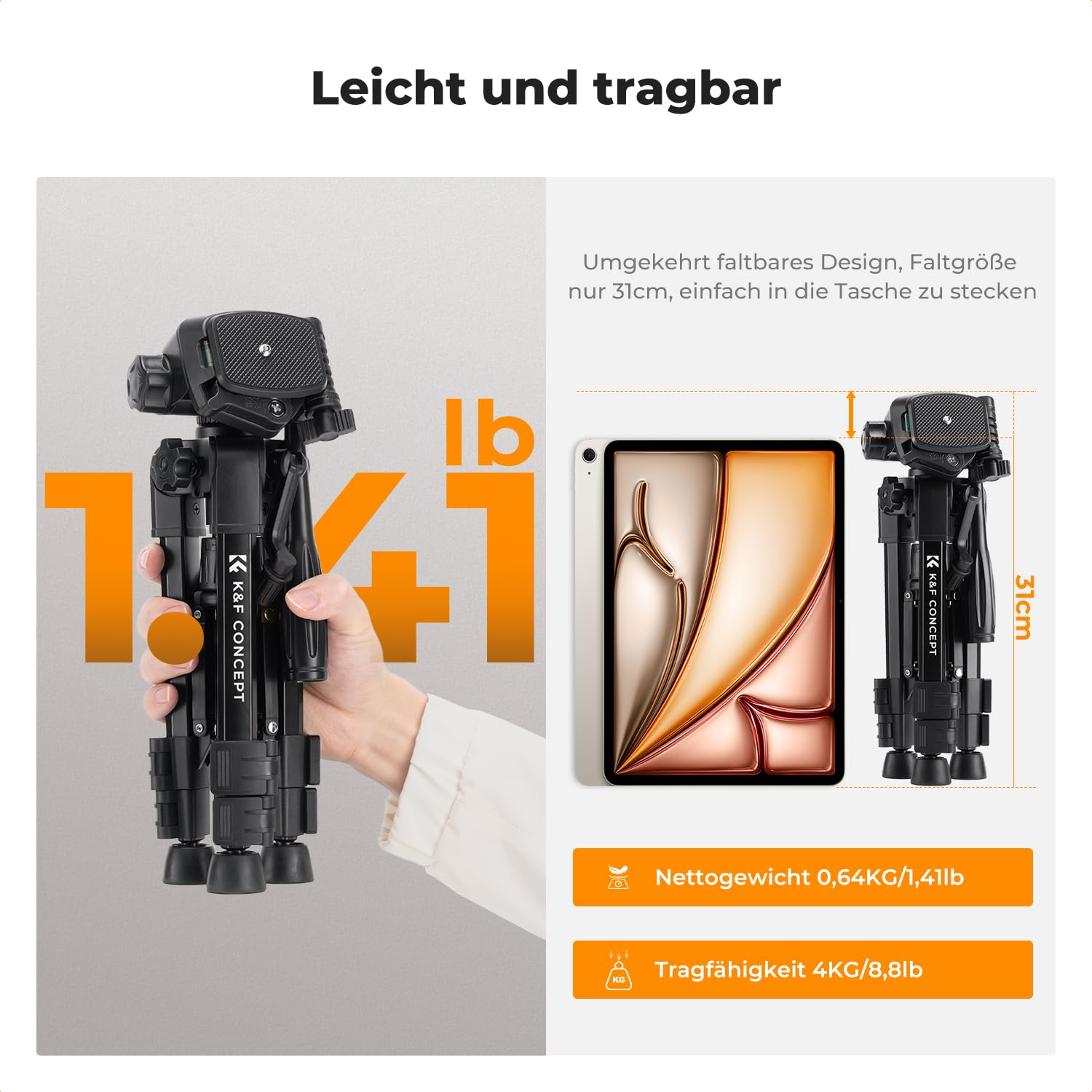 K&F CONCEPT Mini Tischkamerastativ, S233A0 63cm Kamera Stativ mit Fernbedienung, klein und tragbar für DSLR-Kameras, Camcorder, Smartphone, Projektoren und Teleskope | Tragbares Aluminium-Stativ für DSLR-Kameras, leichtes Video-Stativ für Reisen. Maximale