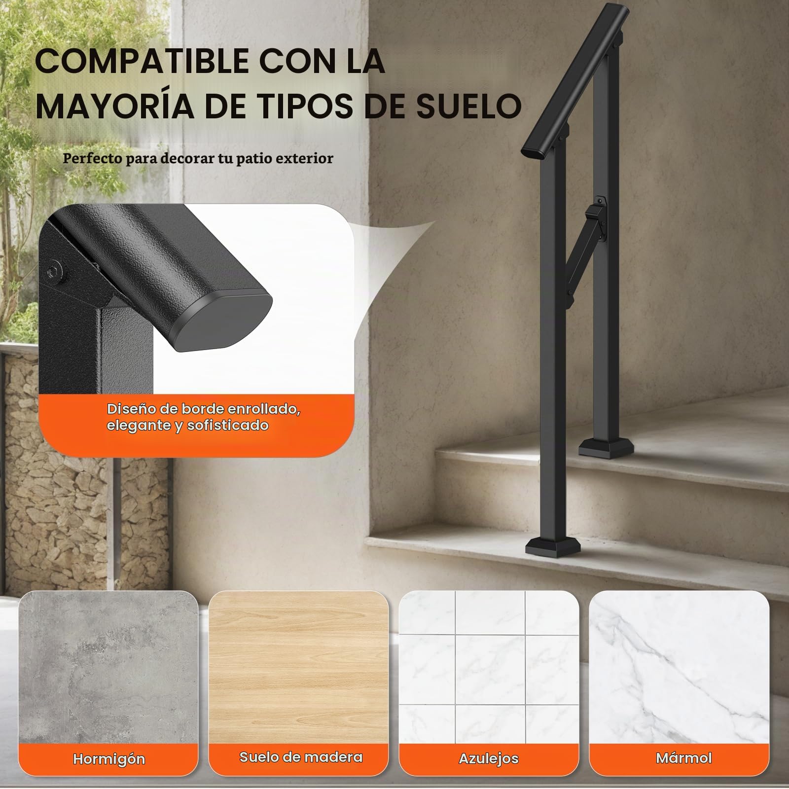VEVOR Barandilla de Escalera para Pasamanos de Escalera de 1-2 Escalones con Kit de Instalación Tubo Cuadrado de Acero al Carbono para Personas Mayores, Escalones de Concreto, Porche, Patio, Negro