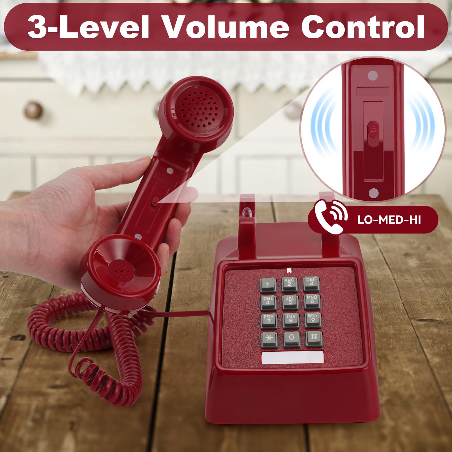 Lativu Retro Landline Phone, Traditional Vintage Corded Telephone, Classic 2500 Analog Desk Phone with Adjustable Volume for Home/Holtal/Party Use, Red