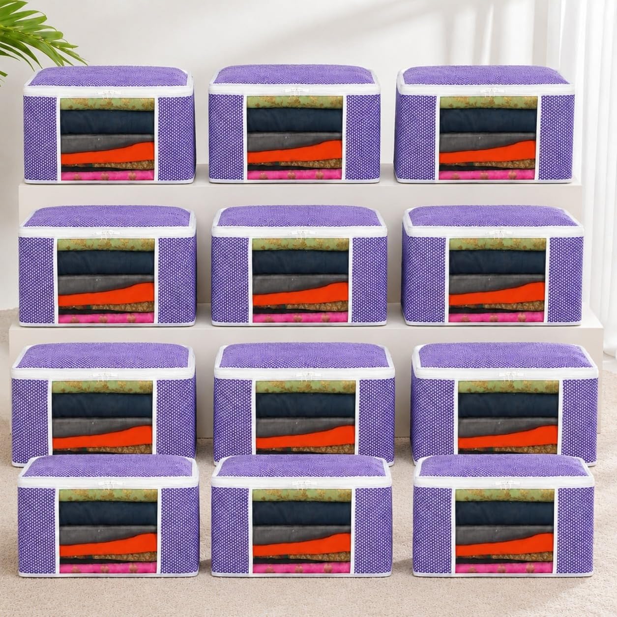 VERVENIX Saree Cover Pack of 12, Large Size, White & Purple Pattern Garment Storage Bags with Zipper & Transparent Window, Dustproof Clothes Cover for Sarees, Suits, Dresses, 46.3 x 36 x 22.5 CM